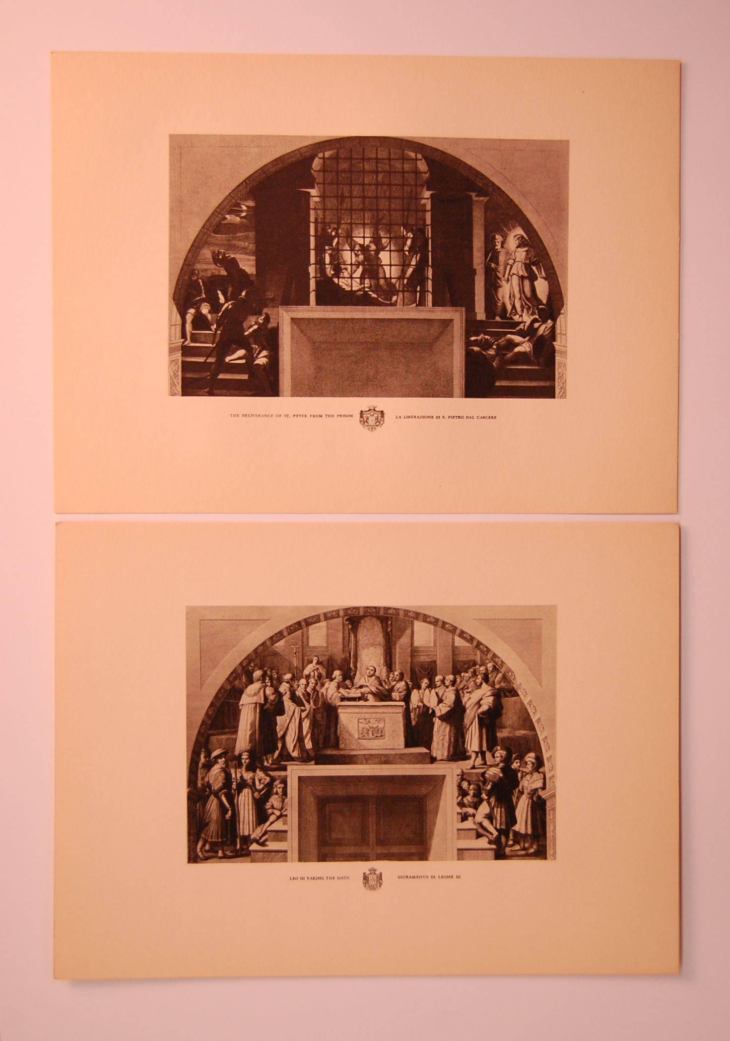 Eight modern prints measuring 9.5 inches x 13 inches overall, each depicting a different scene of ancient Rome, "Battle of Constantin"; "Baptism of Constantin"; "Leo III Taking the Oath"; "Deliverance of St.