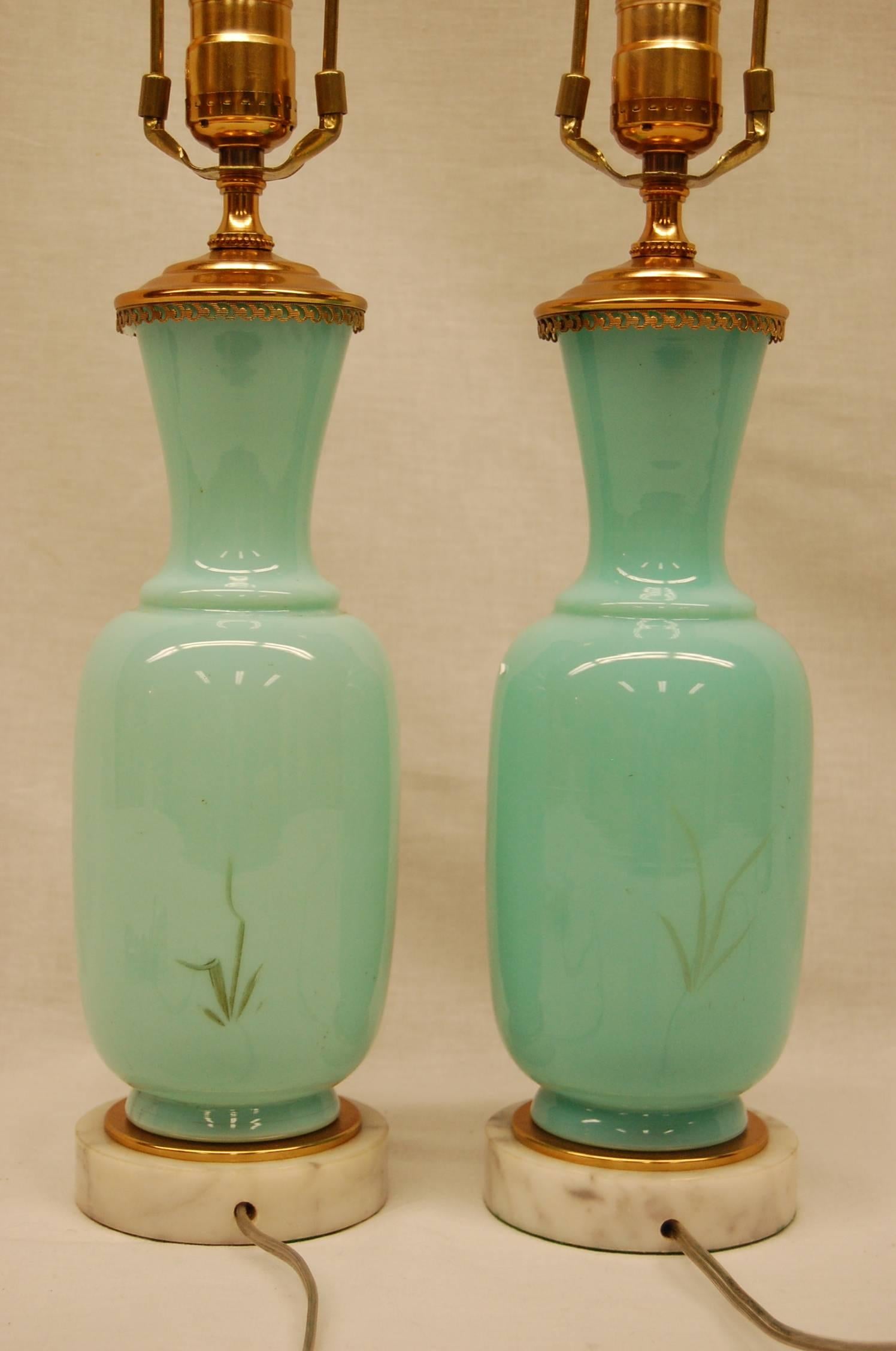 Unknown 19th Century, English Opaline Hand-Painted Vases Wired as Lamps