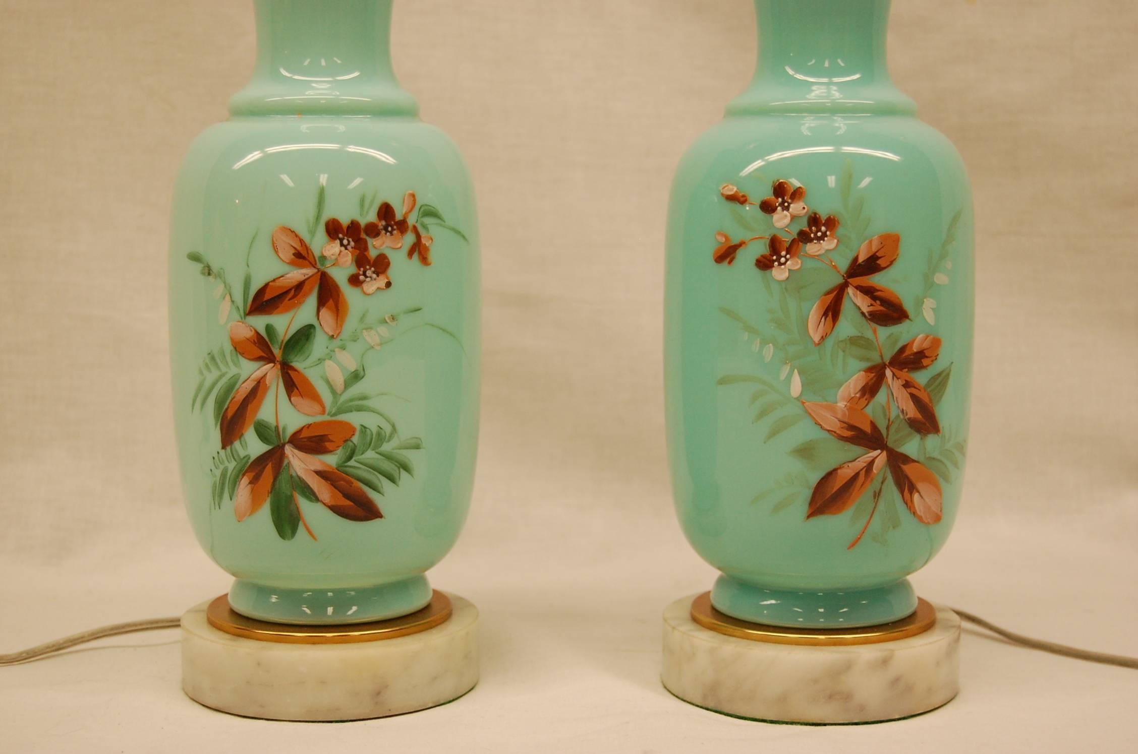 Victorian 19th Century, English Opaline Hand-Painted Vases Wired as Lamps
