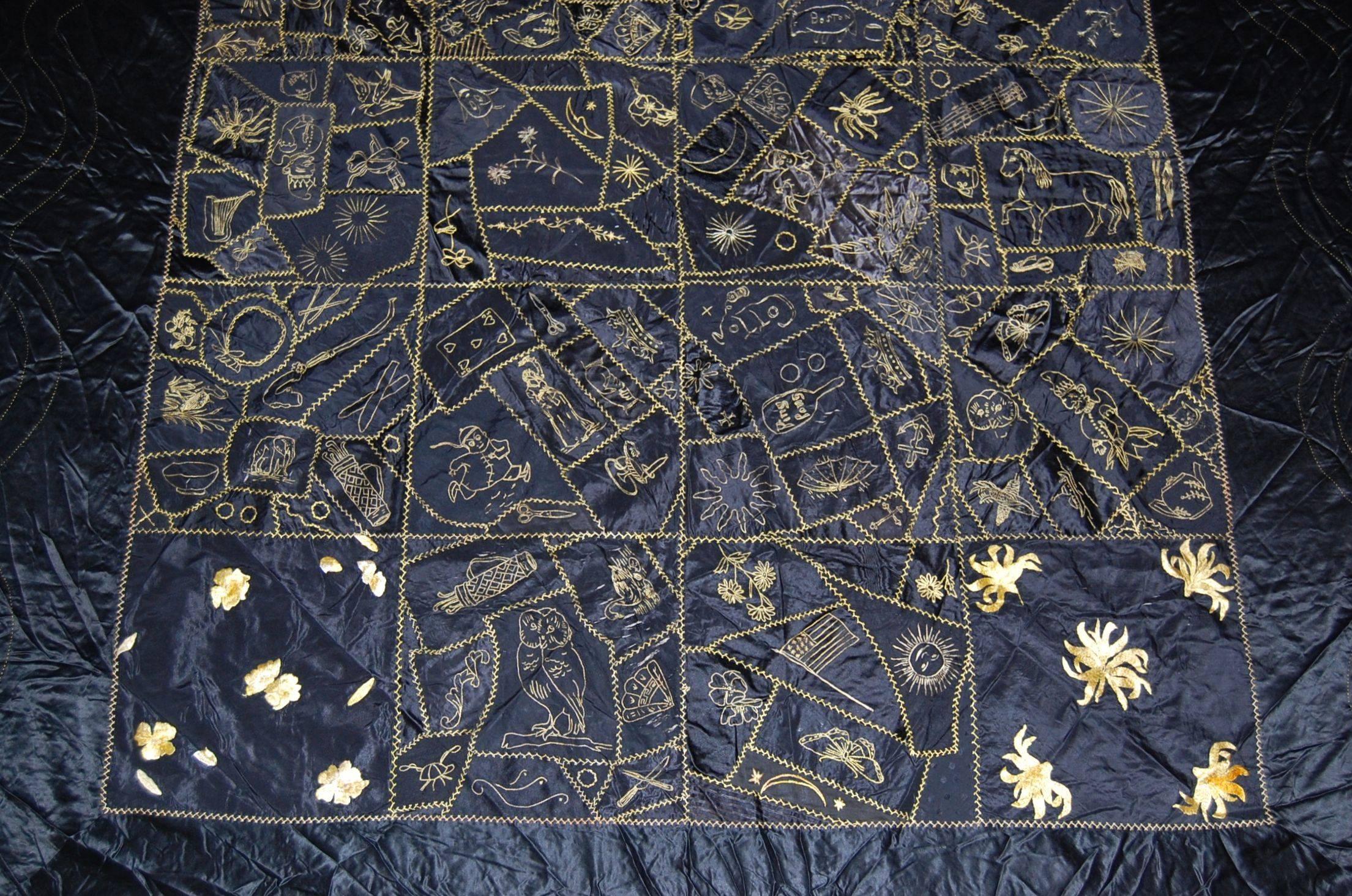 New England Silk Quilt with Gold Embroidery in Excellent Condition, 1901, Boston In Excellent Condition In Pittsburgh, PA