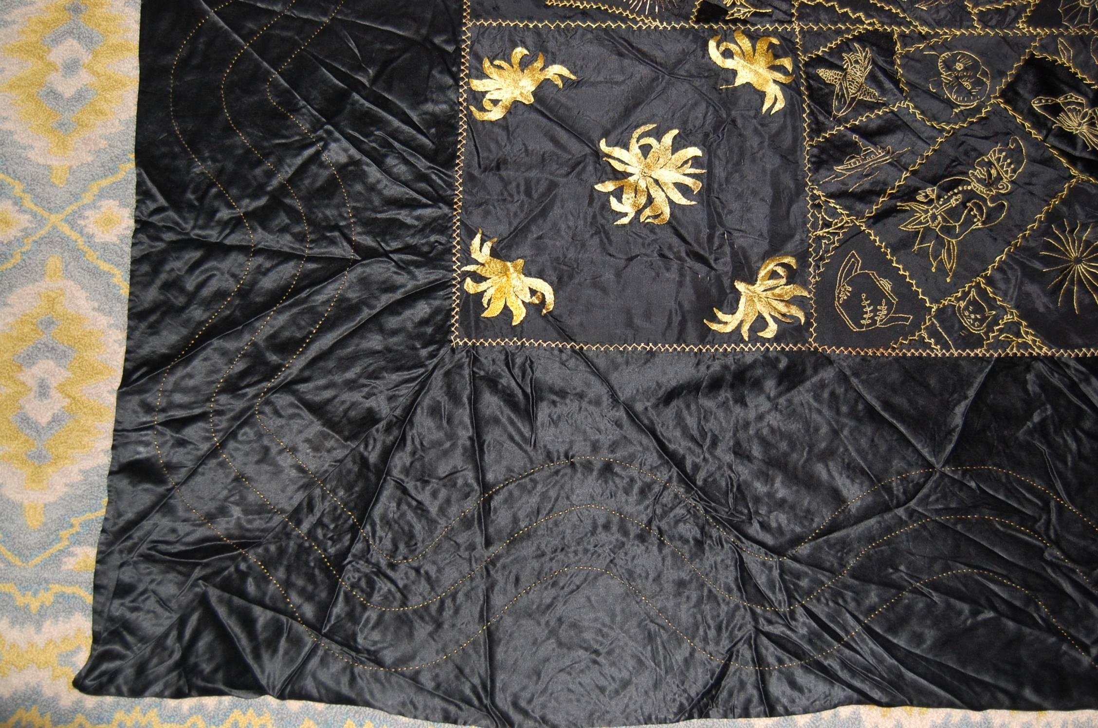 New England Silk Quilt with Gold Embroidery in Excellent Condition, 1901, Boston 1