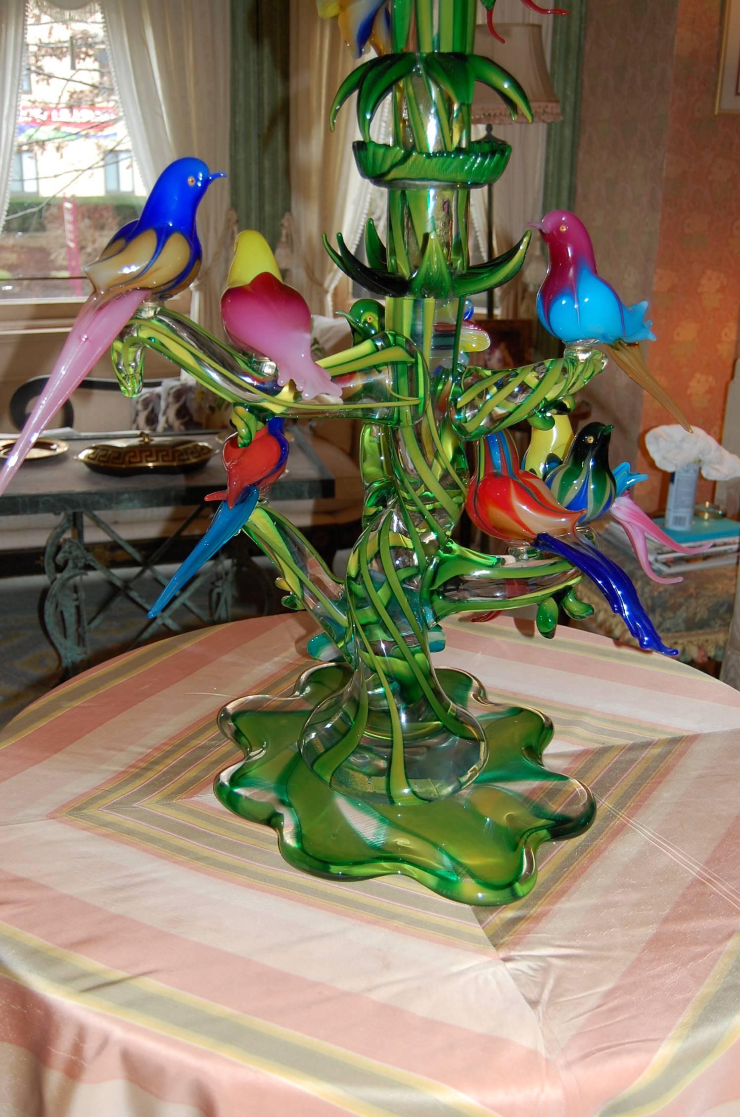 Modern Incredible Multicolored Italian Murano Glass Sculpture of Birds on Tree Branches
