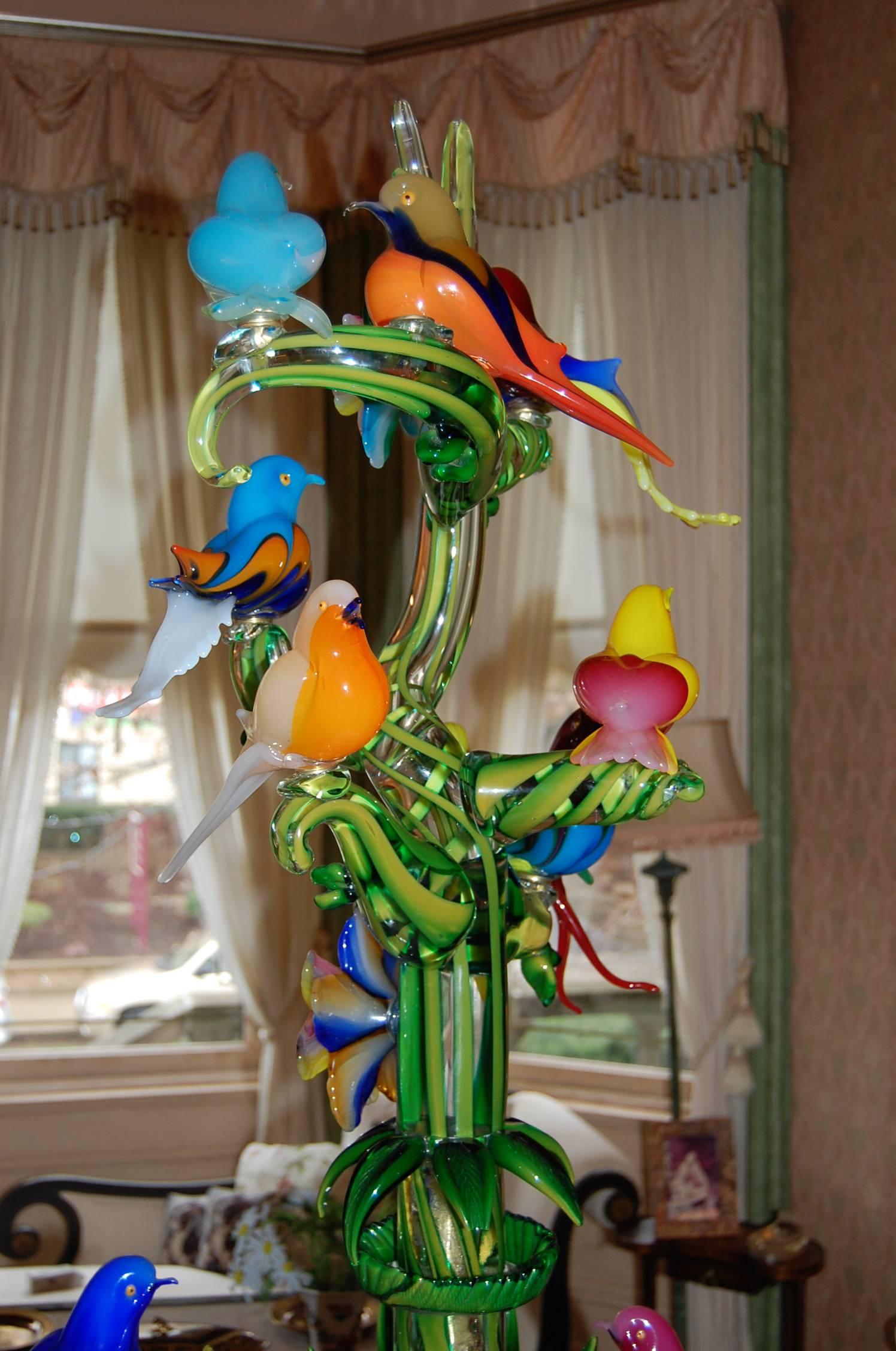 Hand-Crafted Incredible Multicolored Italian Murano Glass Sculpture of Birds on Tree Branches