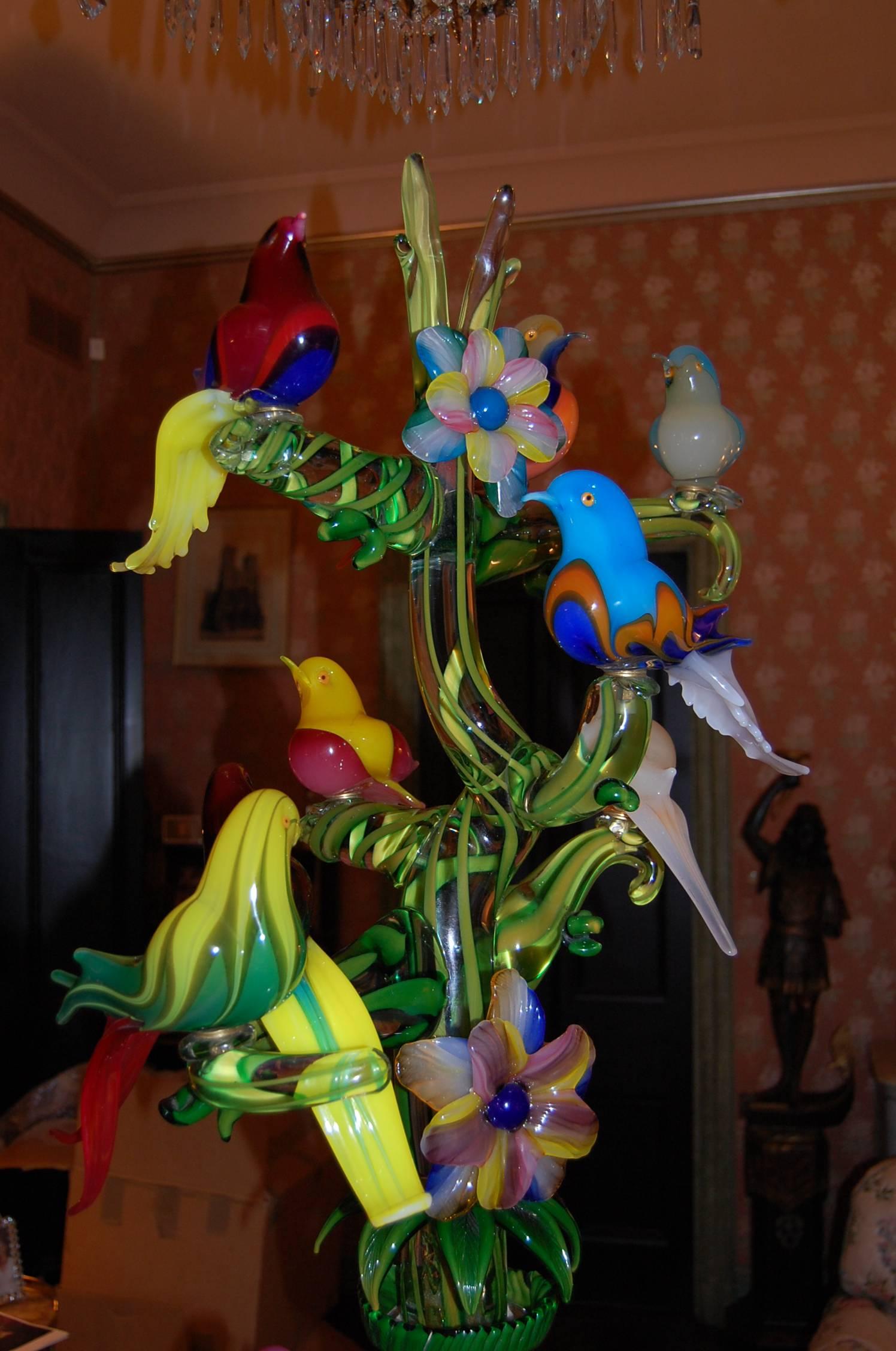 Incredible Multicolored Italian Murano Glass Sculpture of Birds on Tree Branches In Excellent Condition In Pittsburgh, PA