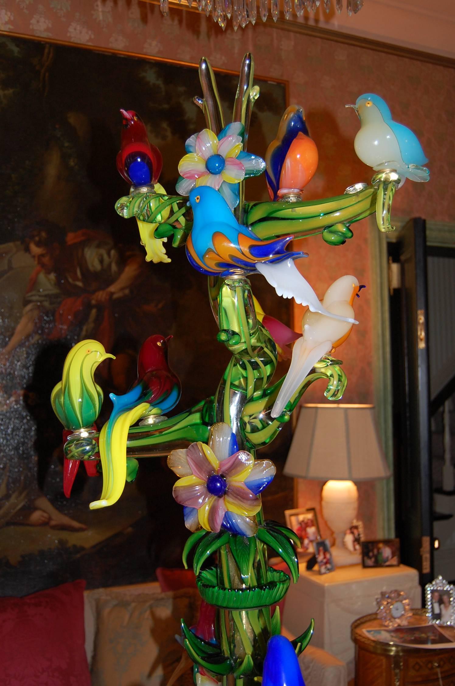 Contemporary Incredible Multicolored Italian Murano Glass Sculpture of Birds on Tree Branches