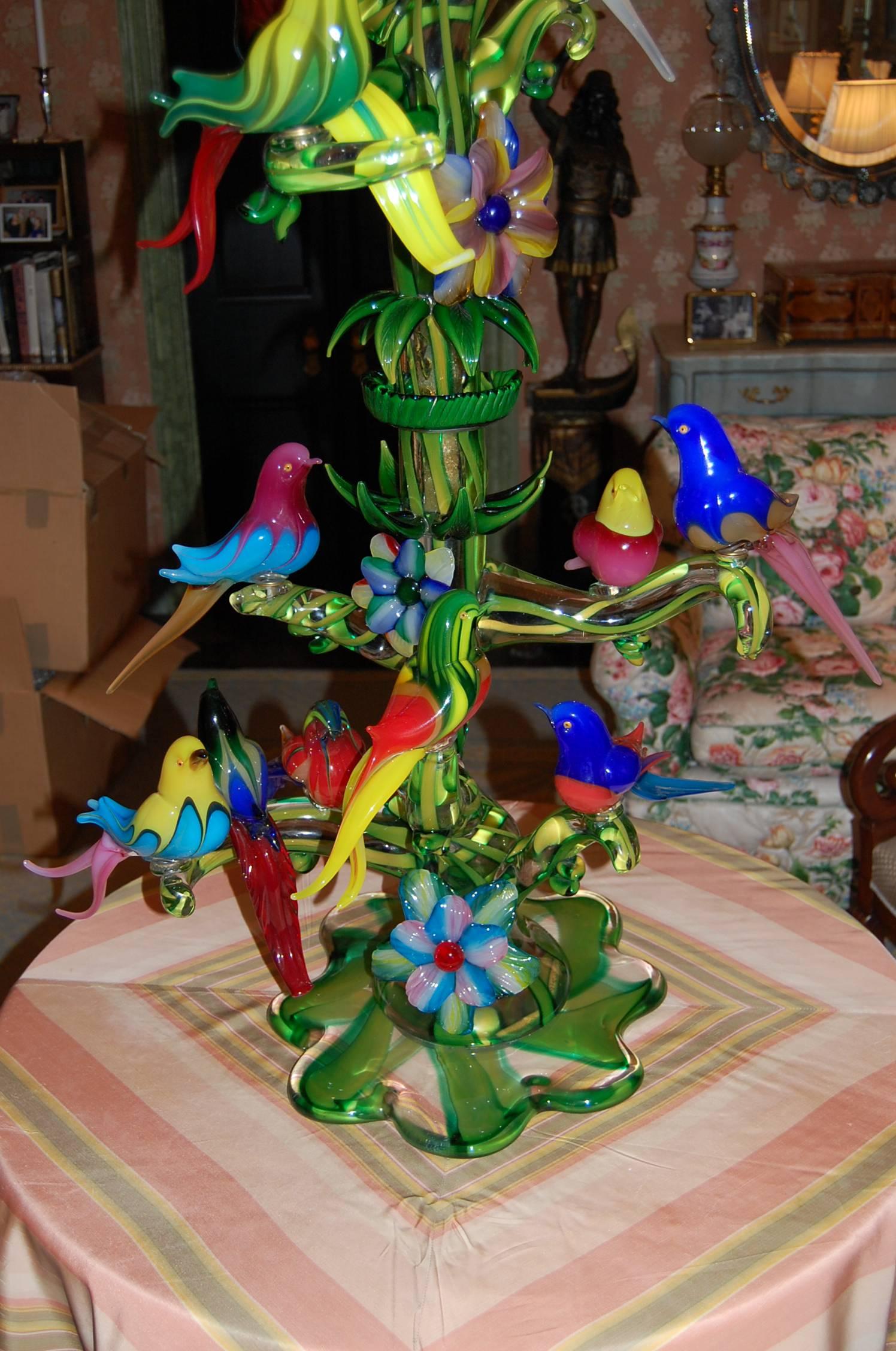 Incredible Multicolored Italian Murano Glass Sculpture of Birds on Tree Branches 1