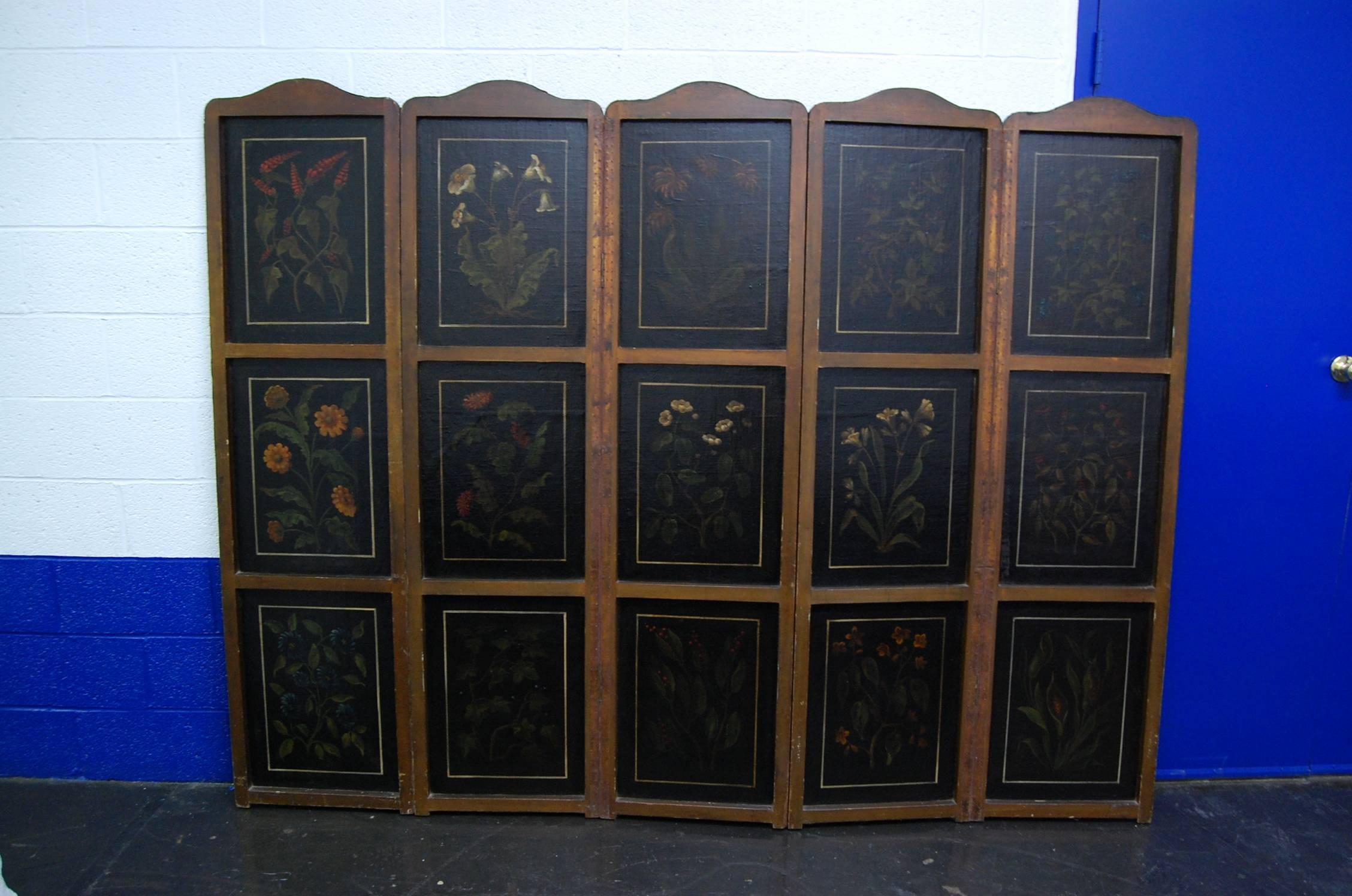 Mid-19th Century 19th Century Painted Leather Five-Panel Folding Screen Signed RR Cole
