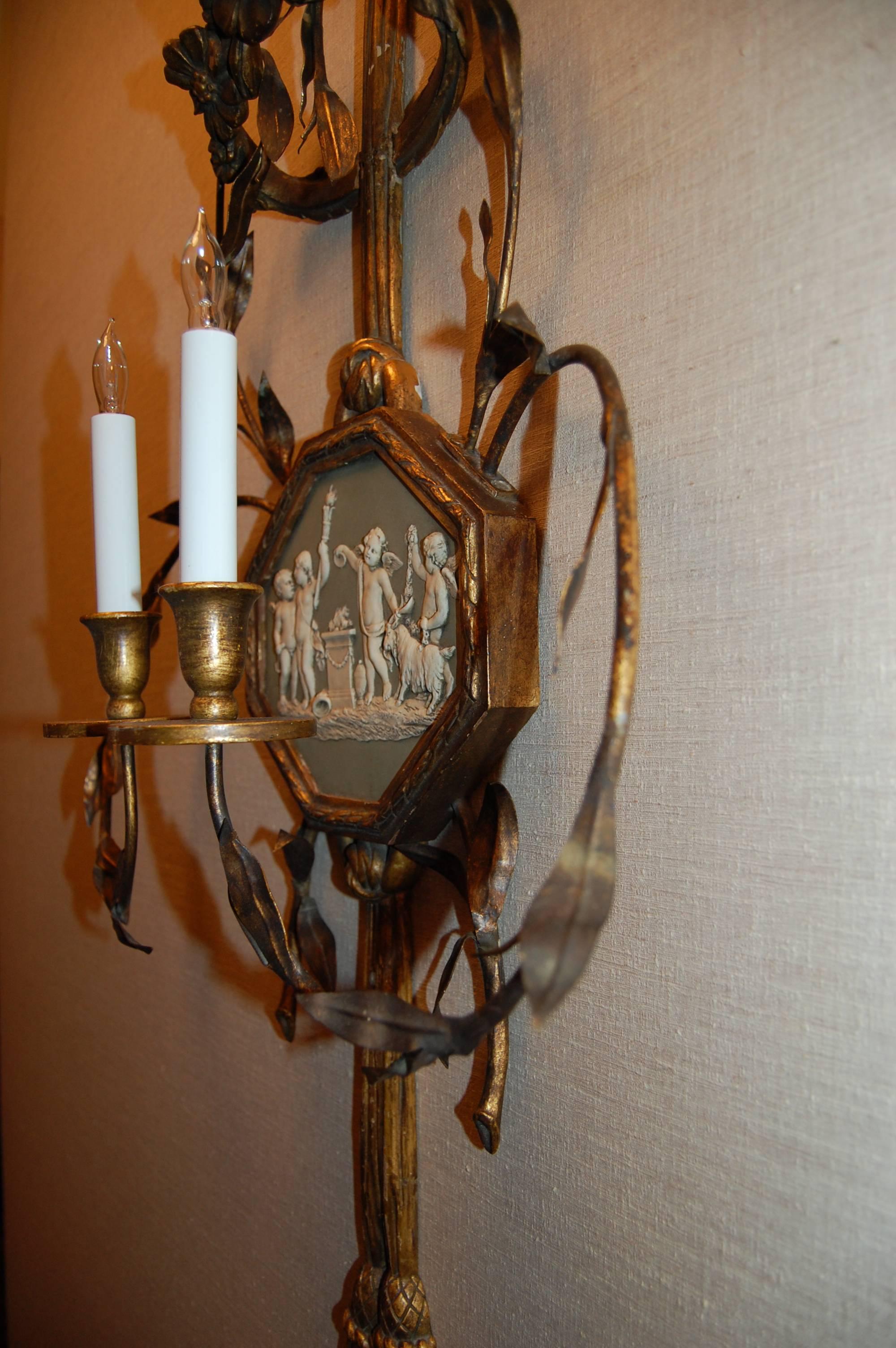Pair of 19th Century English Wall Sconces with Wedgewood Bisque Plaques For Sale 1