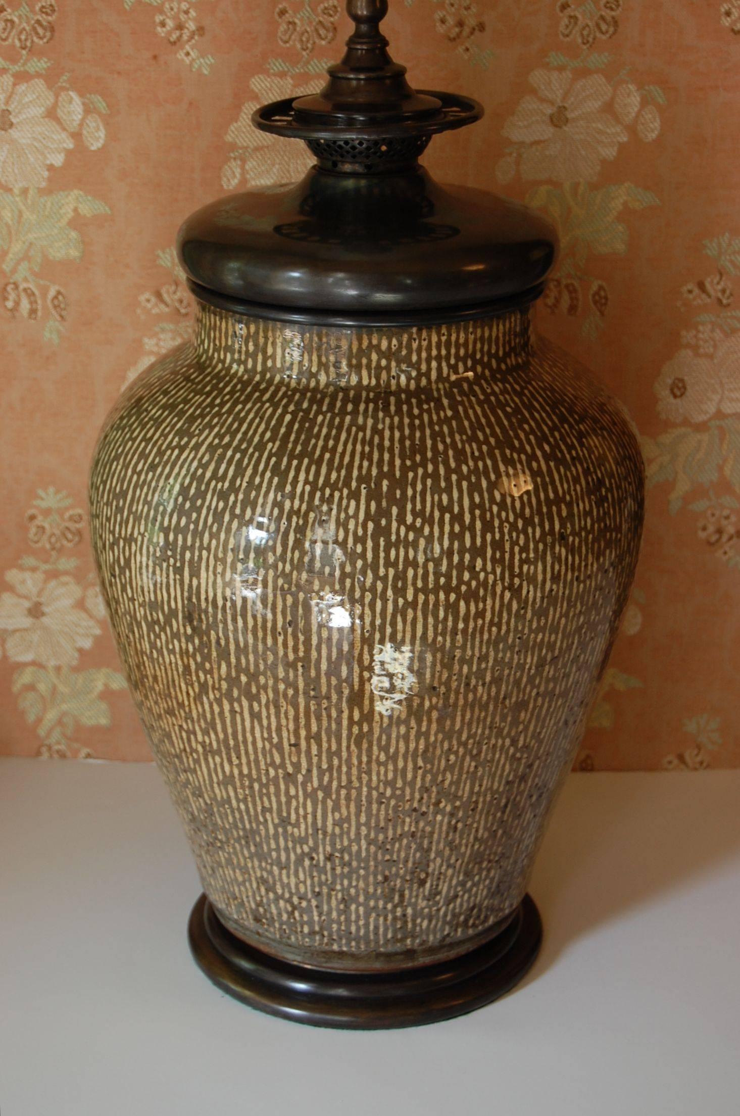 Early 20th Century Large Asian Urn Wired as a Lamp with Bronze Base and Mounts, circa 1900 For Sale