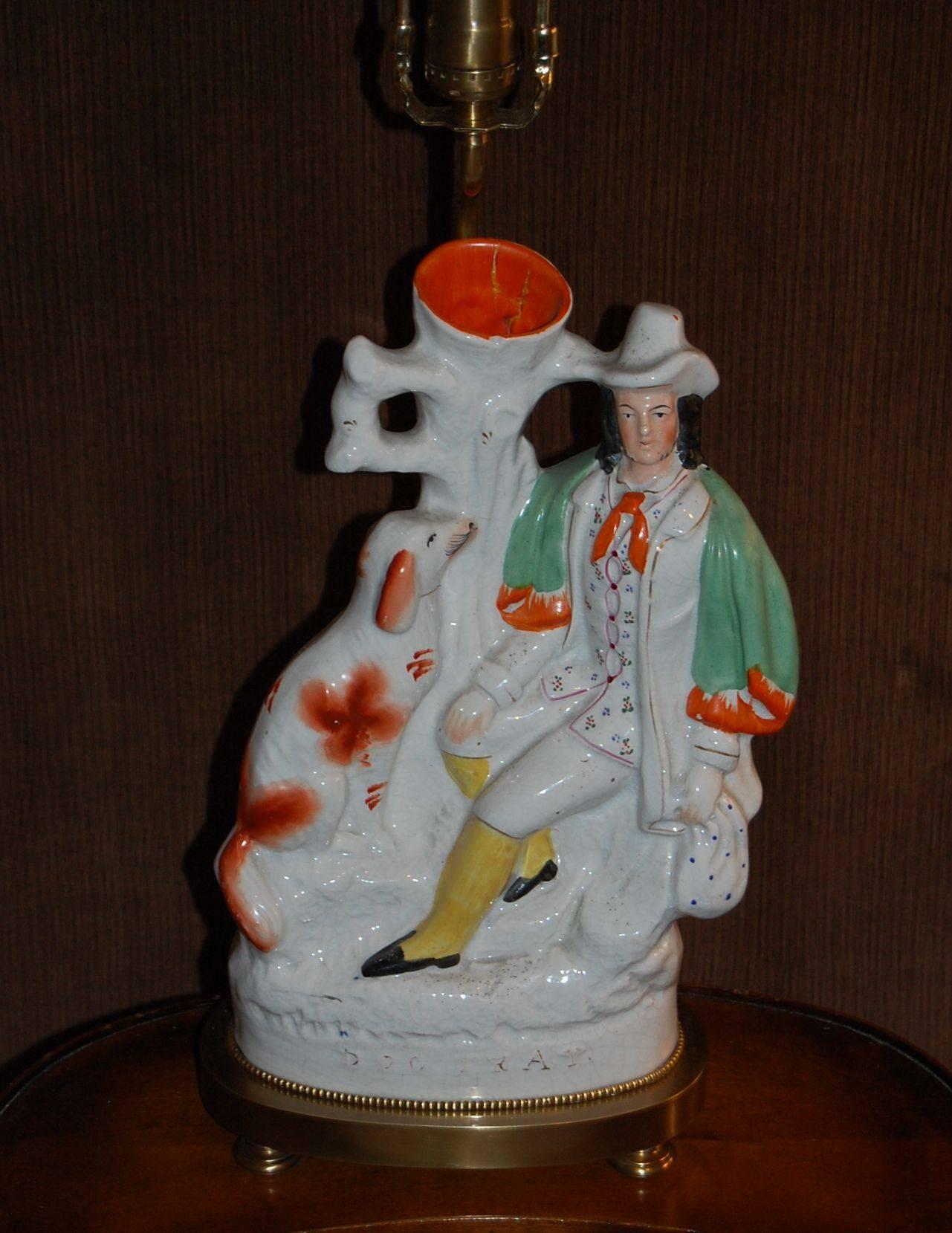 High Victorian 19th Century Staffordshire Spill Vase, Gentleman and His Dog, Mounted as a Lamp For Sale