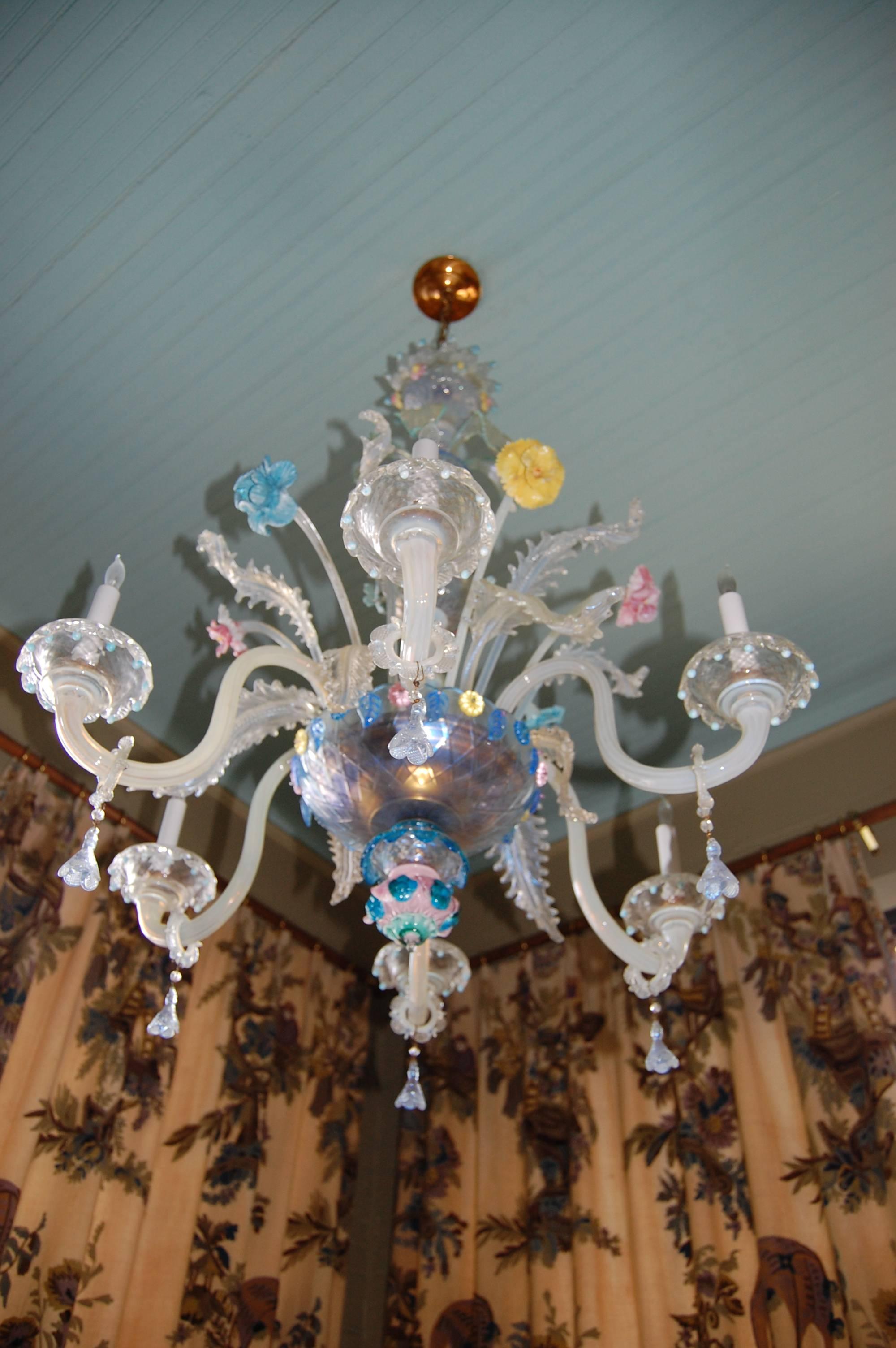 Mid-20th Century Early 20th Century Italian Venetian Six-Light Chandelier with Floral Sprays For Sale