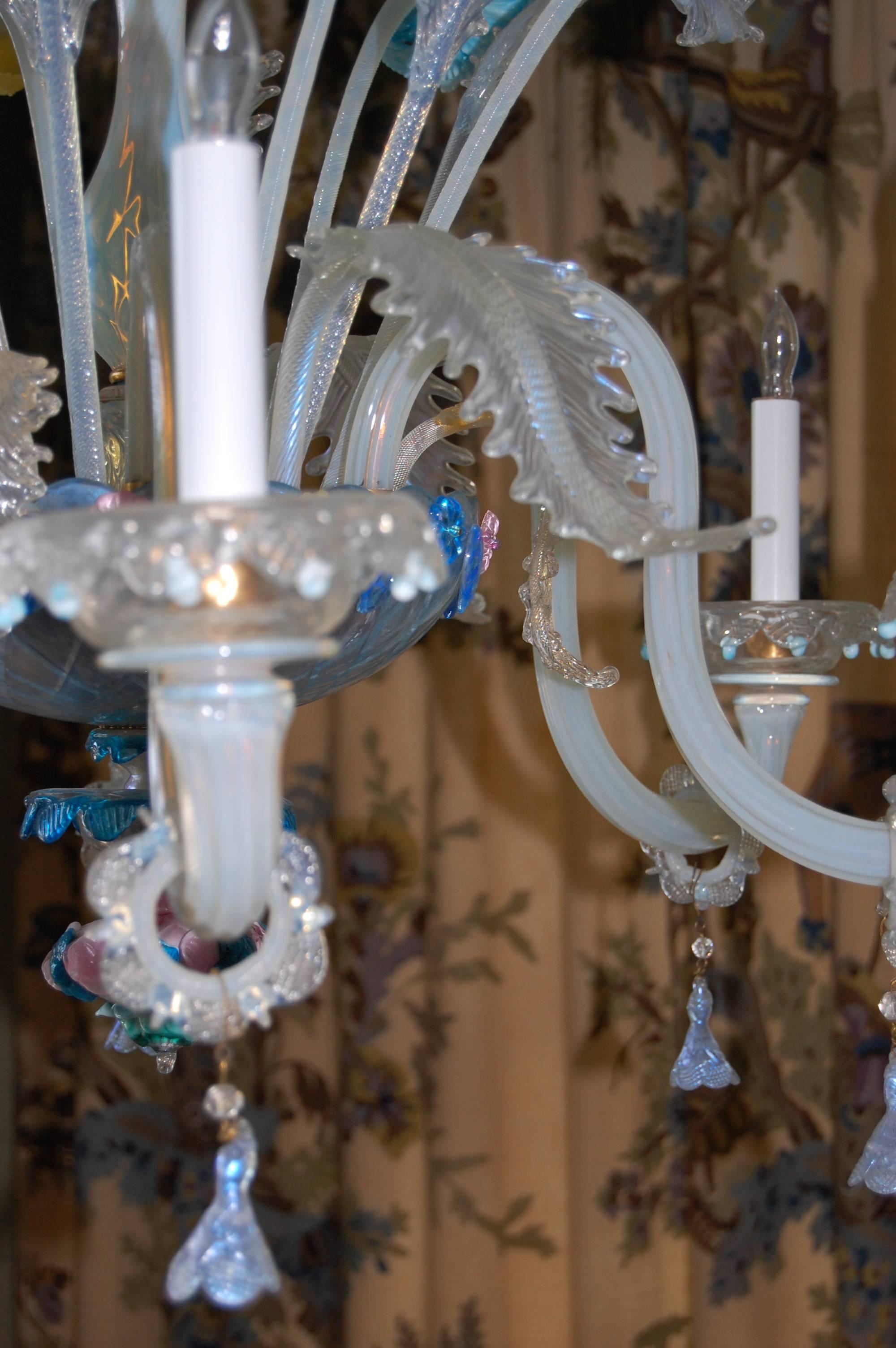 Murano Glass Early 20th Century Italian Venetian Six-Light Chandelier with Floral Sprays For Sale