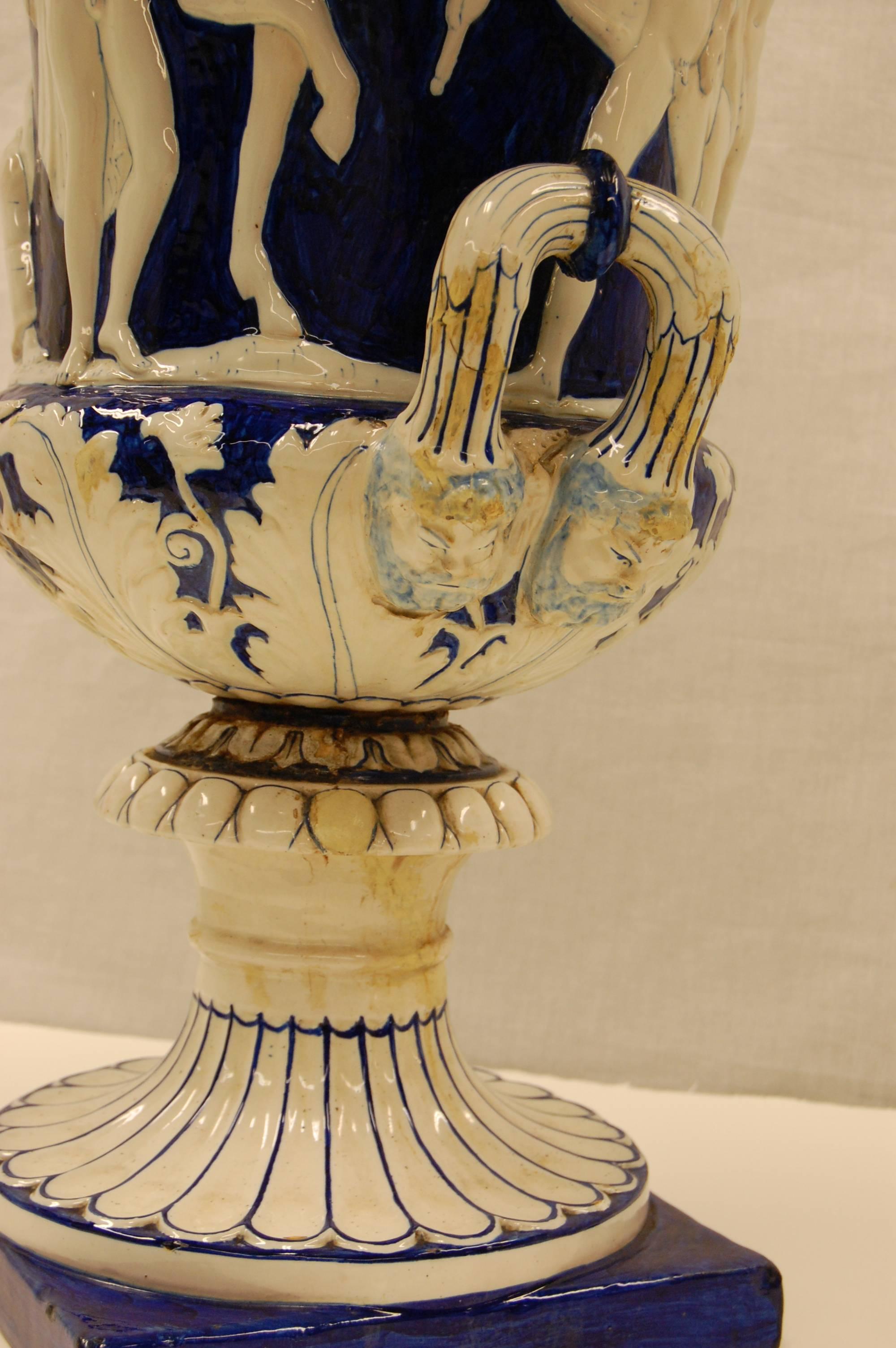 Antique Classically Inspired Majolica Urn in Blue and White Glazed Finish In Good Condition For Sale In Pittsburgh, PA