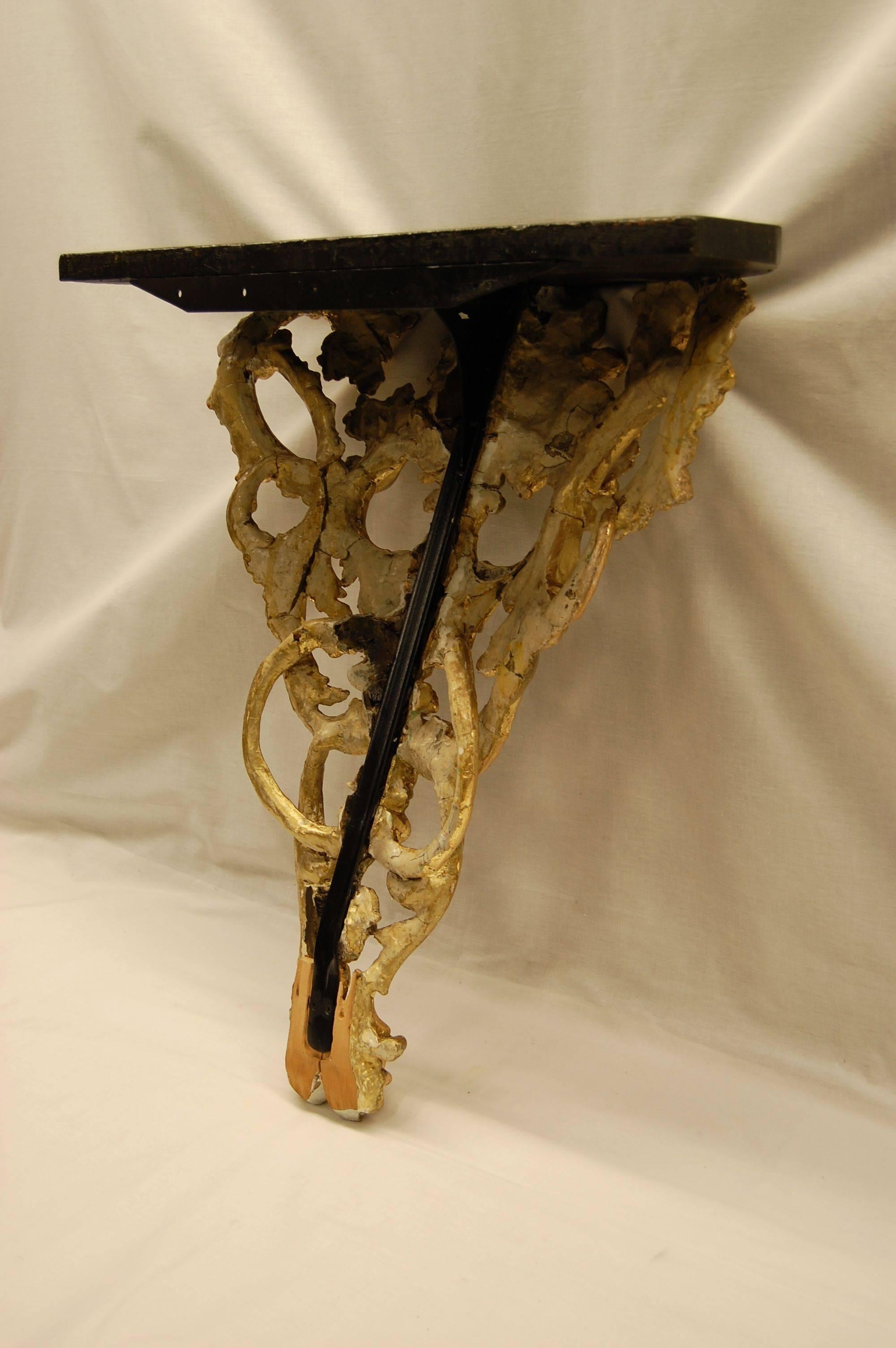 Gold Leaf American Victorian Gilt Carved Wood Wall Console with Faux Marble Top, 1859 For Sale