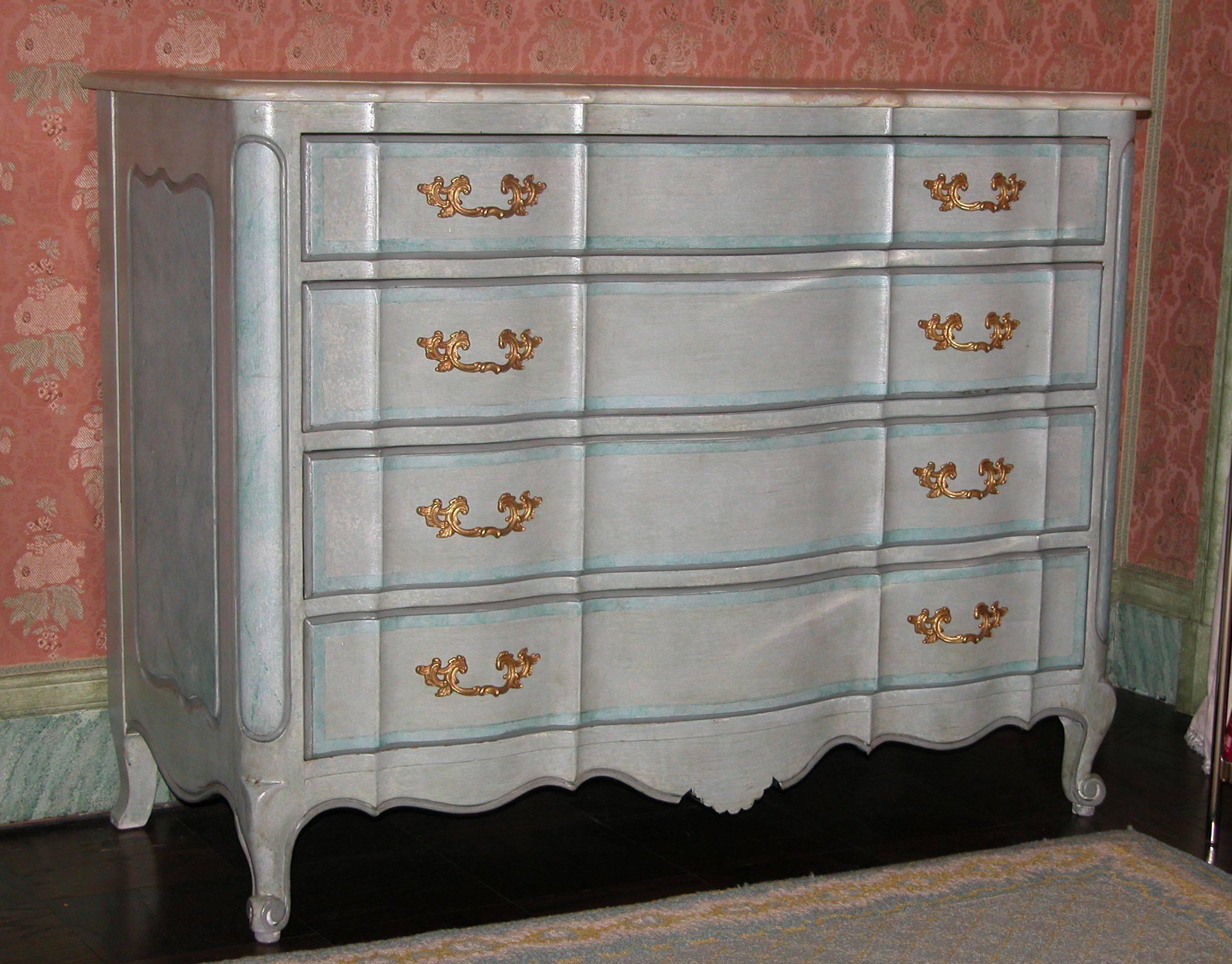 French Louis XV Style Chest Drawers in Blue Painted Finish with Faux Marble Top, 1940s For Sale