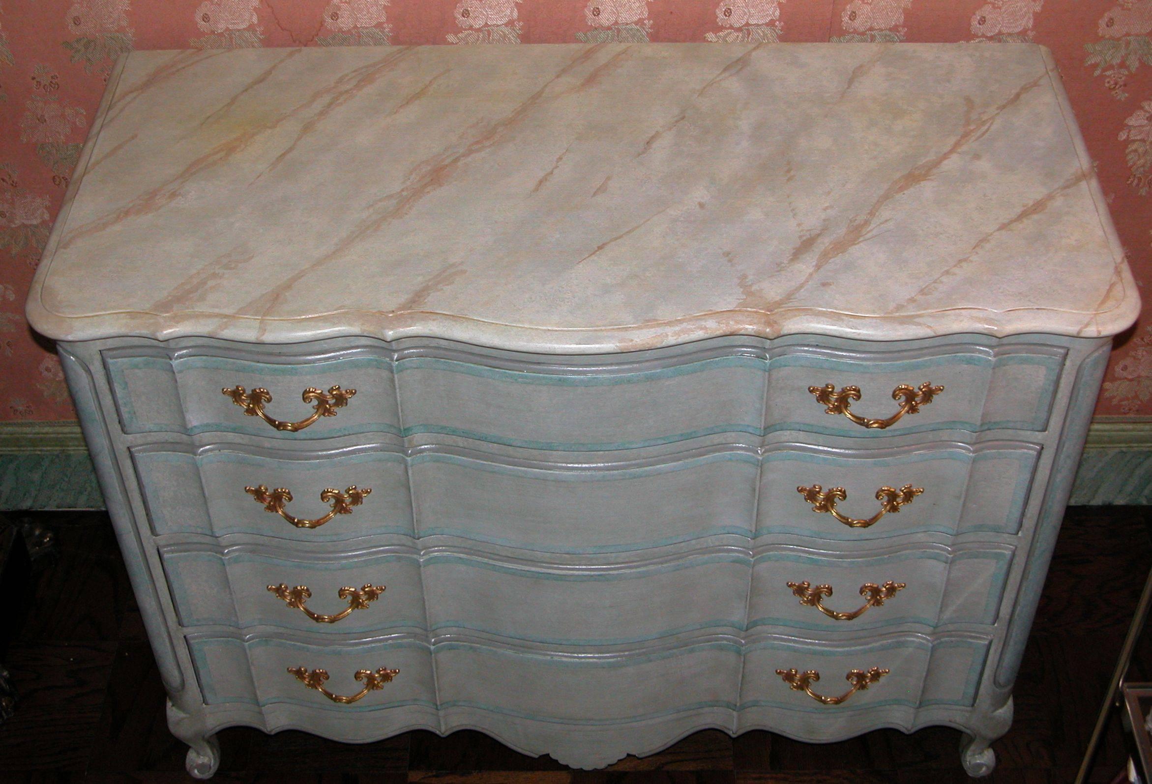 Faux Bois Louis XV Style Chest Drawers in Blue Painted Finish with Faux Marble Top, 1940s For Sale