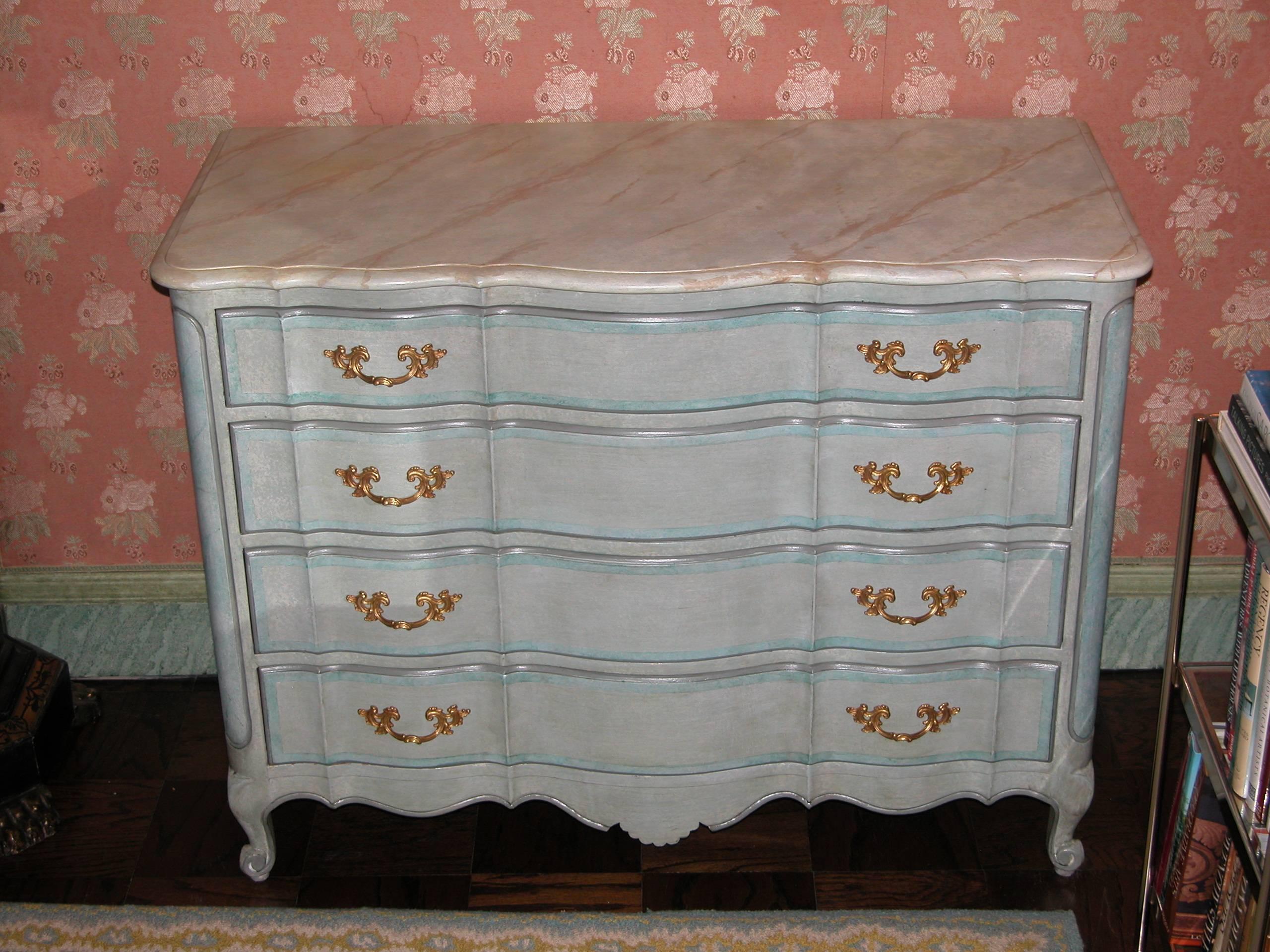 Louis XV Style Chest Drawers in Blue Painted Finish with Faux Marble Top, 1940s For Sale 1