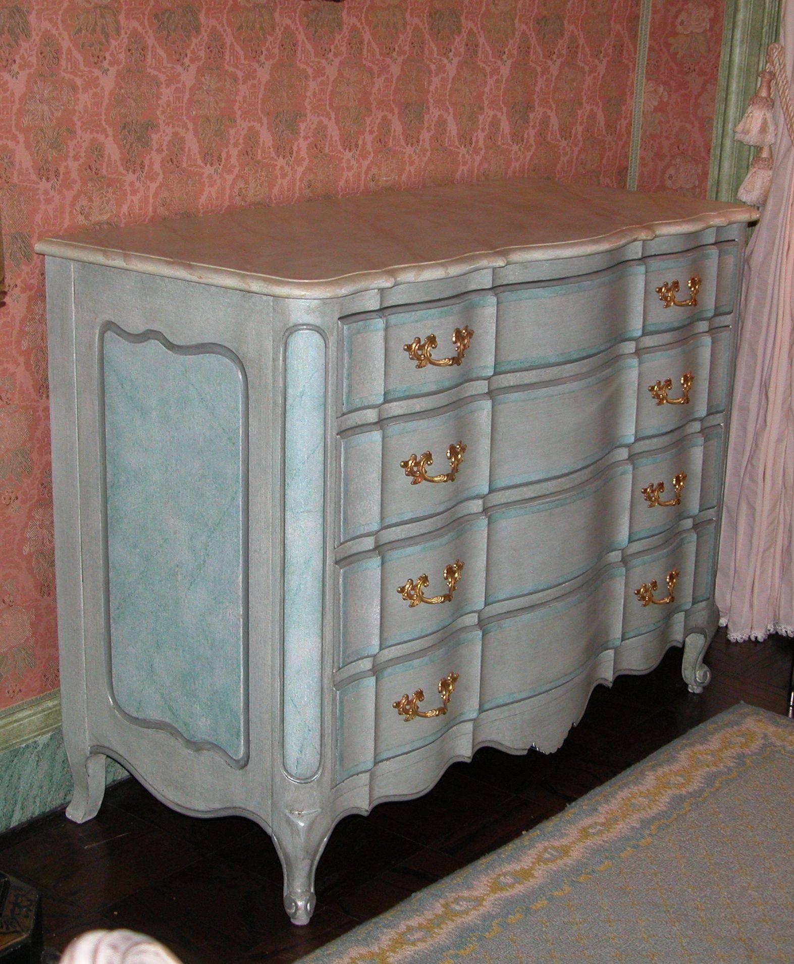 Louis XV Style Chest Drawers in Blue Painted Finish with Faux Marble Top, 1940s For Sale 2