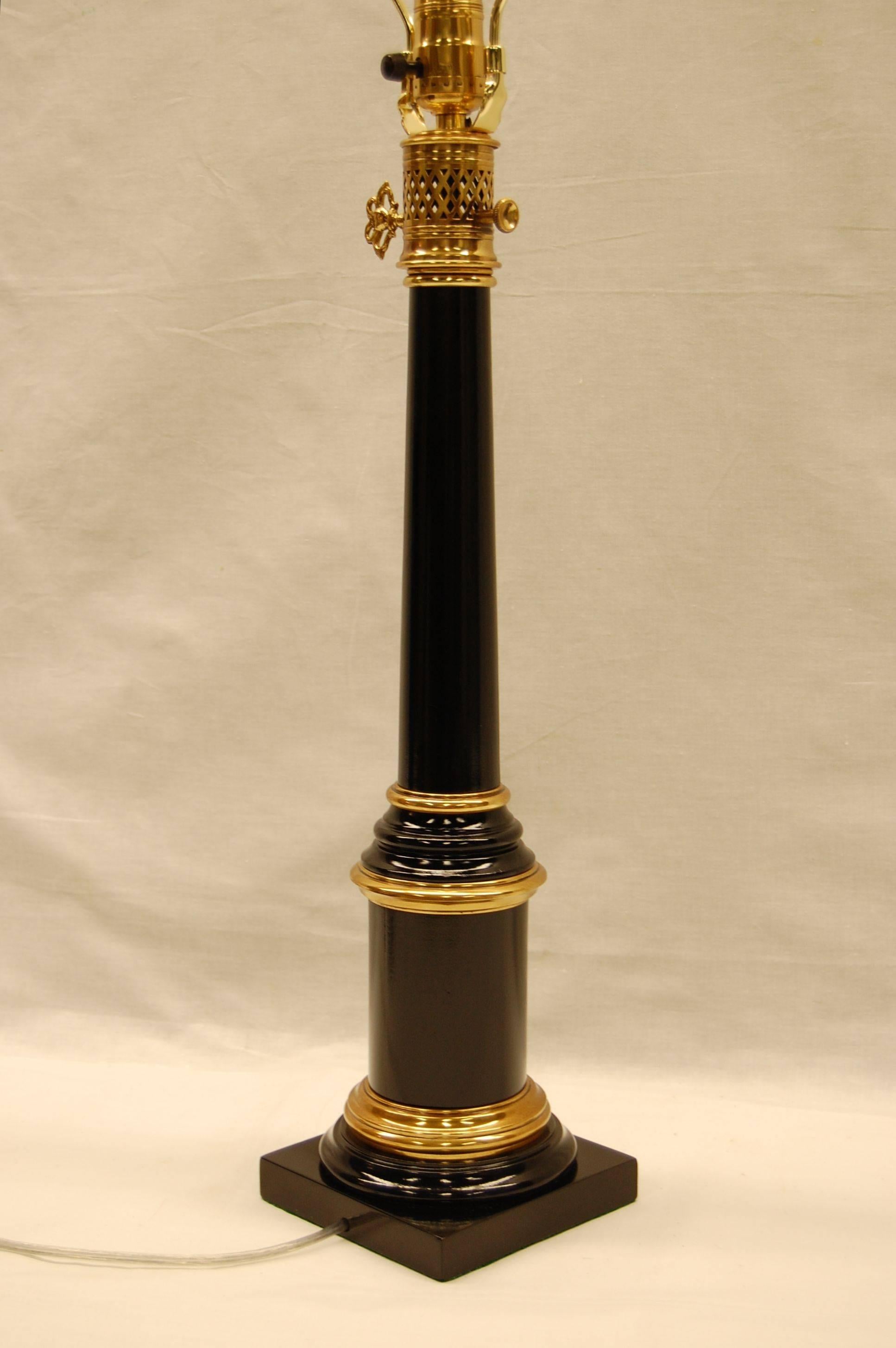 Painted Empire Style Oil Lamp in Black Lacquer and Polished Brass Mounts