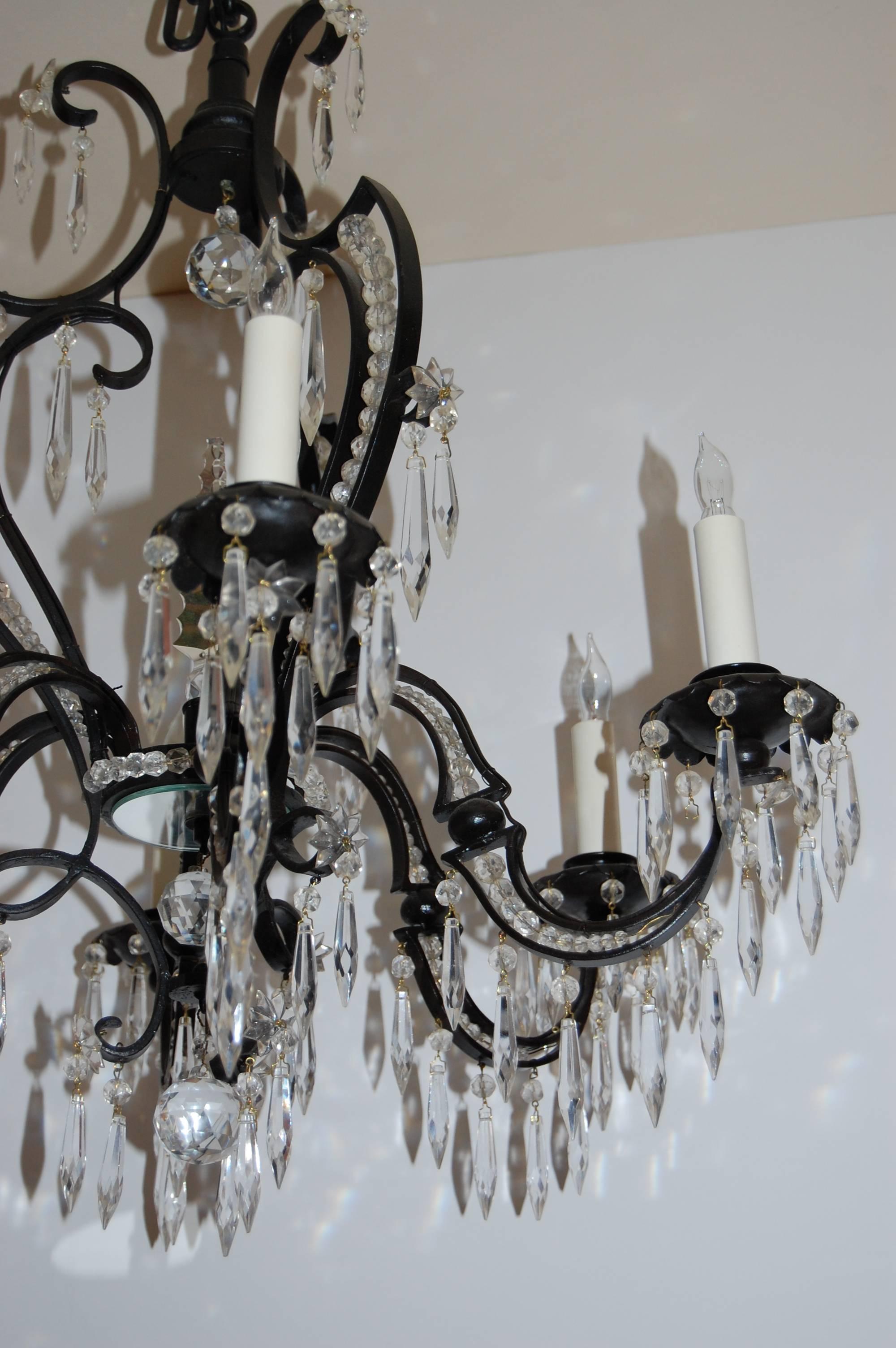 20th Century Iron and Crystal Six-Light Chandelier, circa 1920s-1930s For Sale