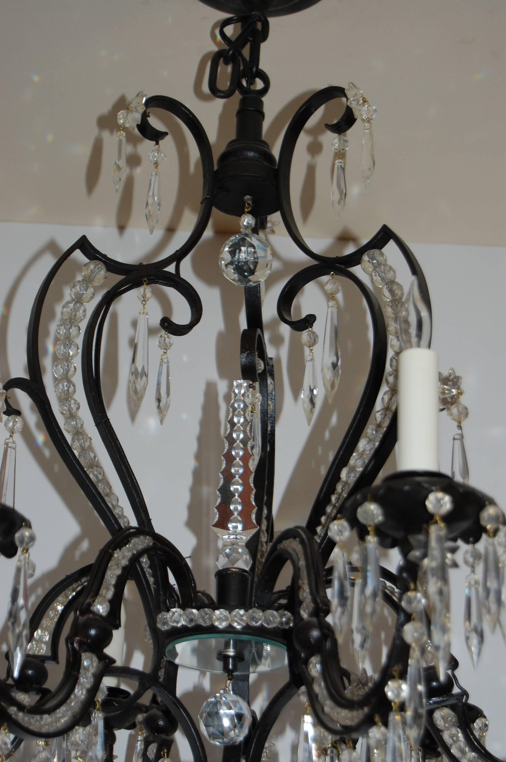 Iron and Crystal Six-Light Chandelier, circa 1920s-1930s For Sale 1