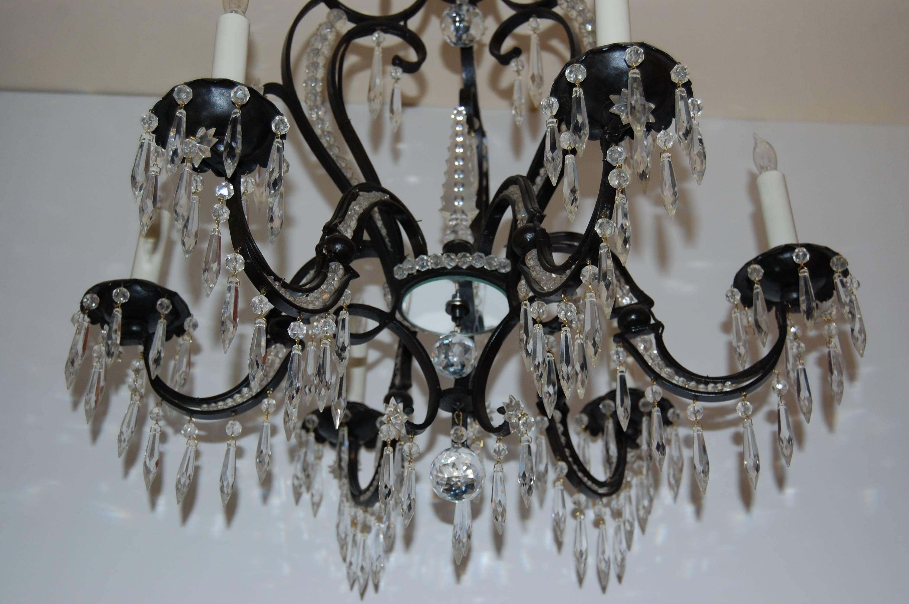 Iron and Crystal Six-Light Chandelier, circa 1920s-1930s For Sale 2