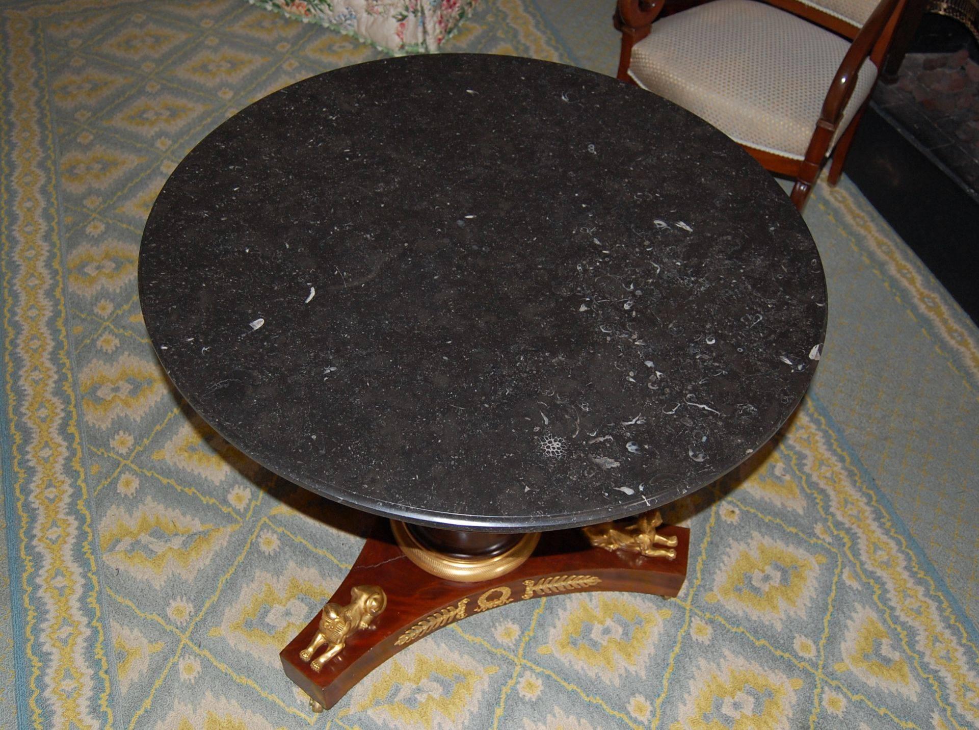 French Gueridon Mahogany Table with Ormolu and Original Black Fossil Marble Top 2