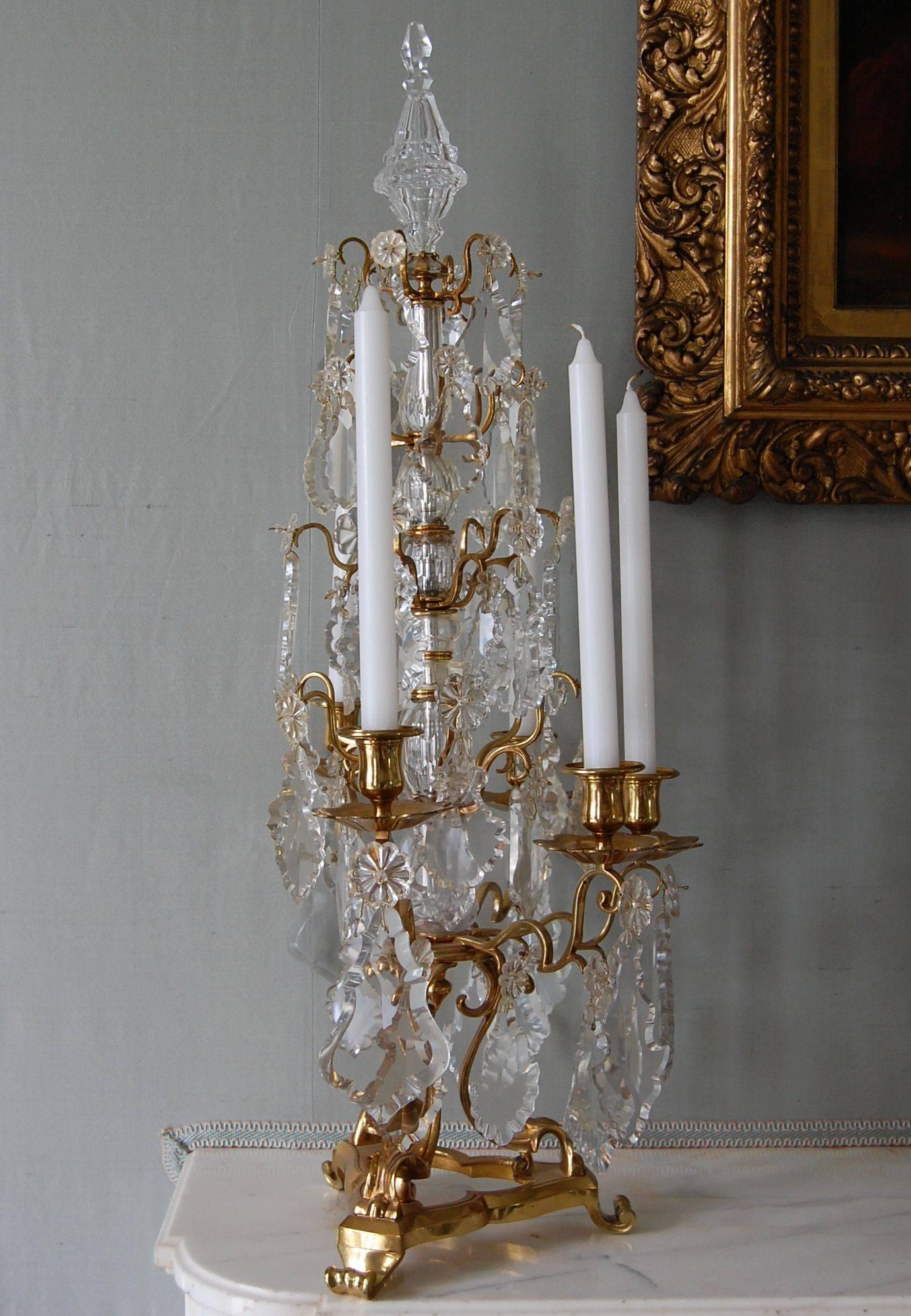 Monumental Pair of Antique French Gilt Bronze and Crystal Girandole Candelabra In Excellent Condition In Pittsburgh, PA