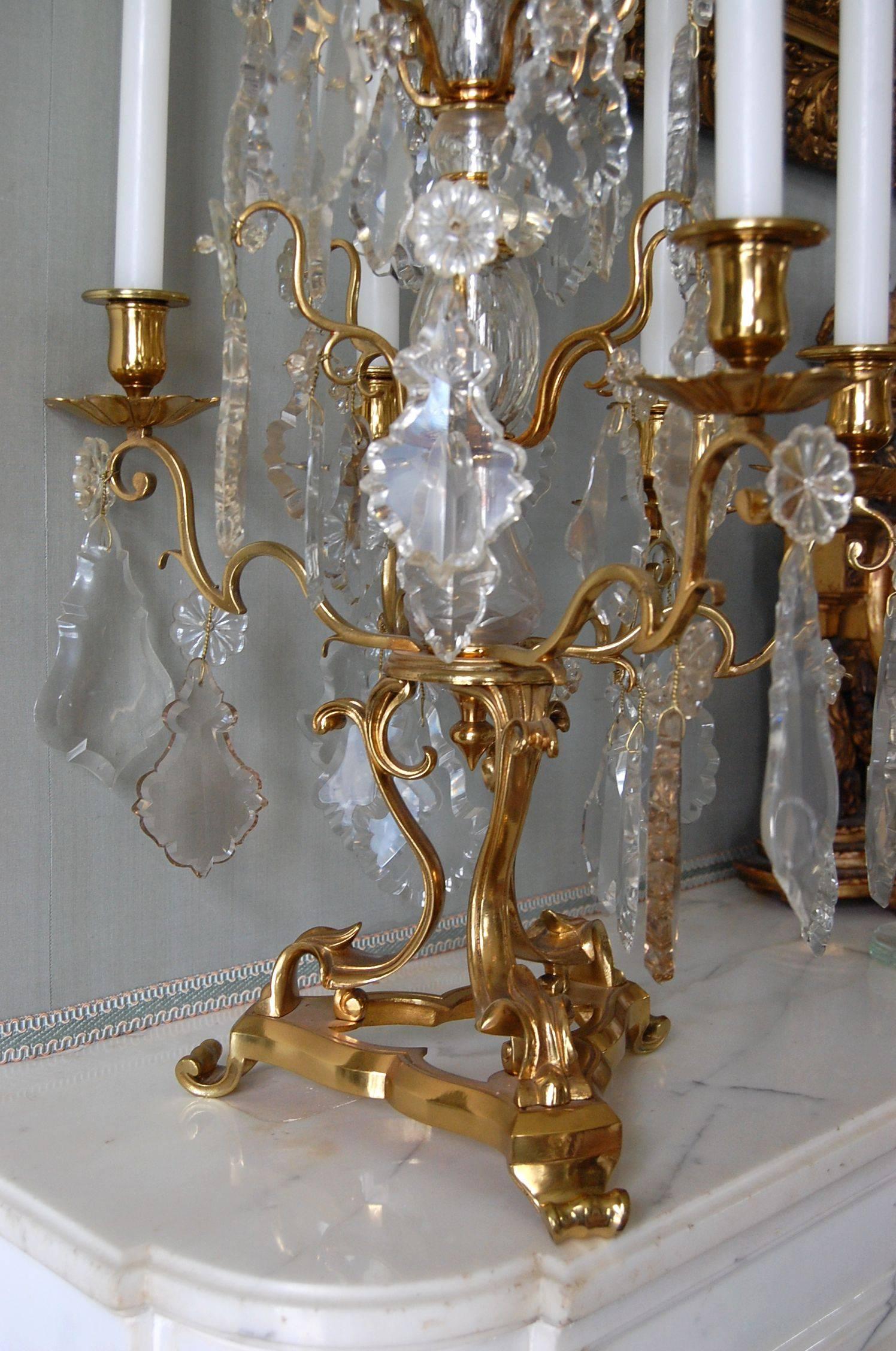 19th Century Monumental Pair of Antique French Gilt Bronze and Crystal Girandole Candelabra