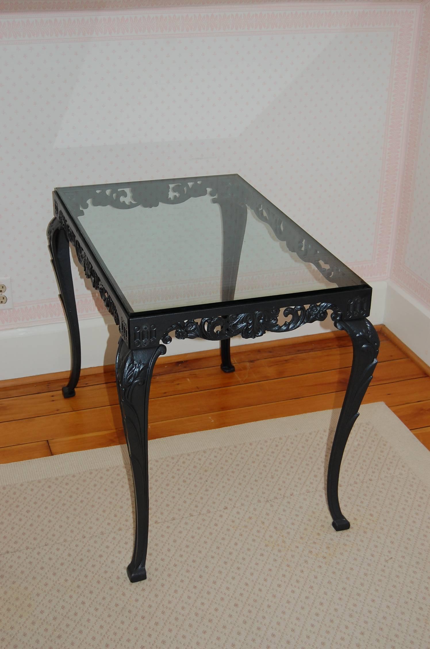Art Deco Fancy Cast Iron Rectangular Table Base with Glass Top, circa 1930s For Sale