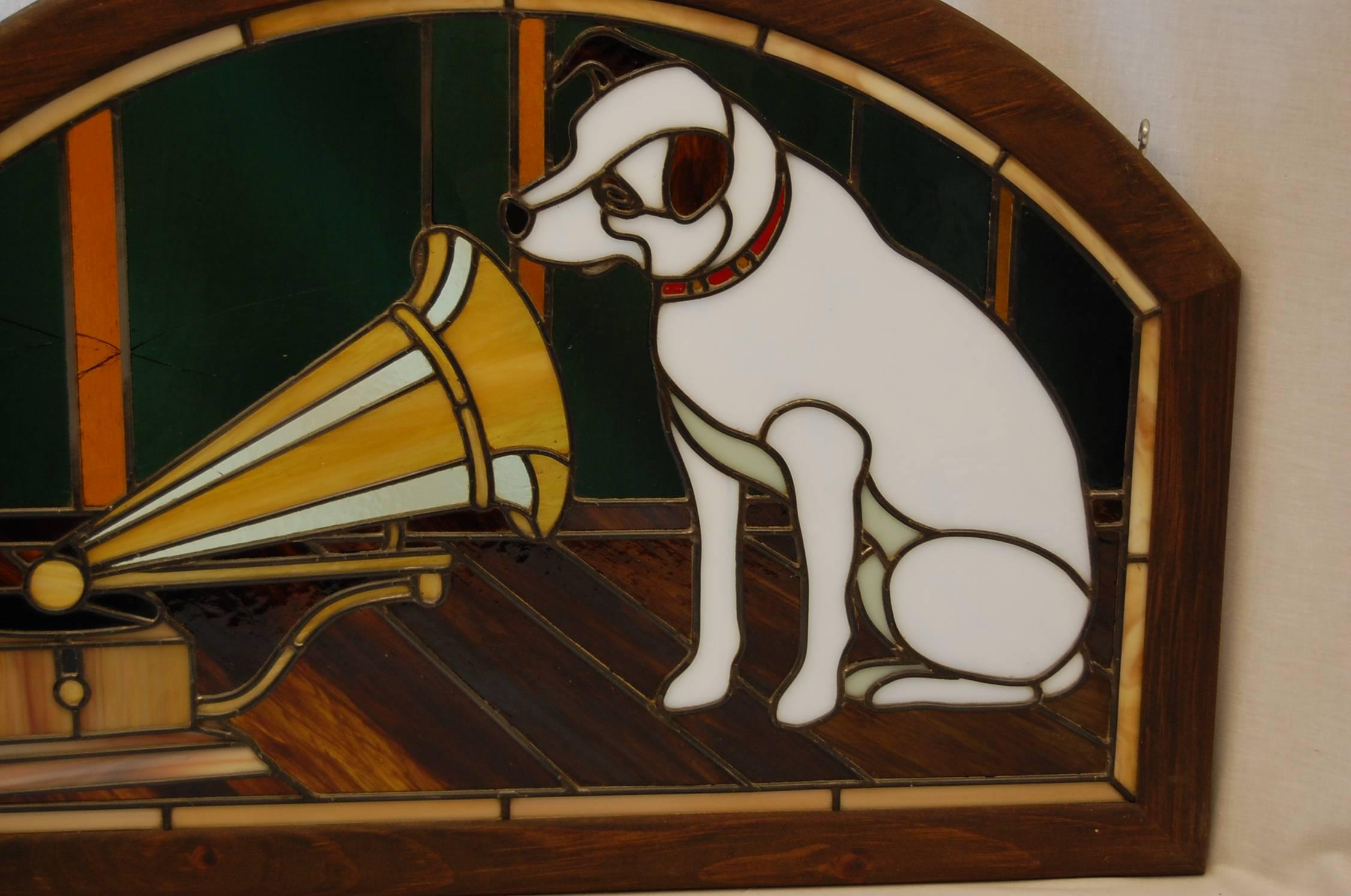 Art Deco Stained Glass Panel Featuring the RCA Dog, Nipper in Wooden Frame