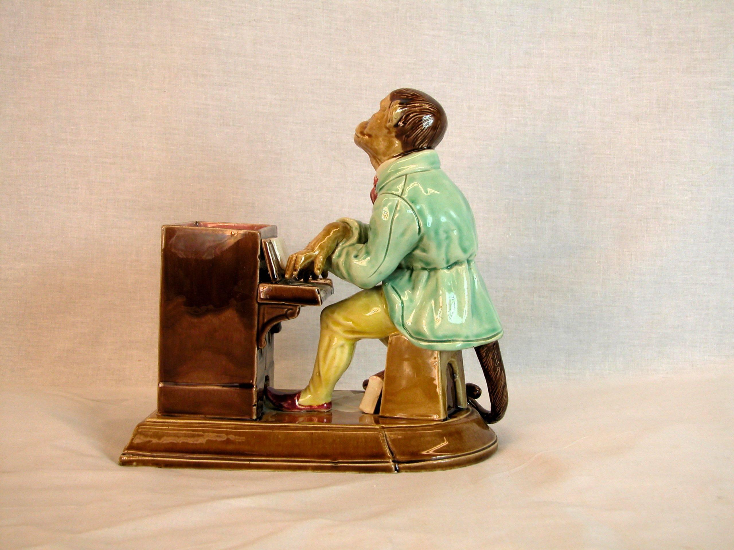 Rococo Sarreguemines Majolica Figure of a Monkey Playing the Piano, circa 1880