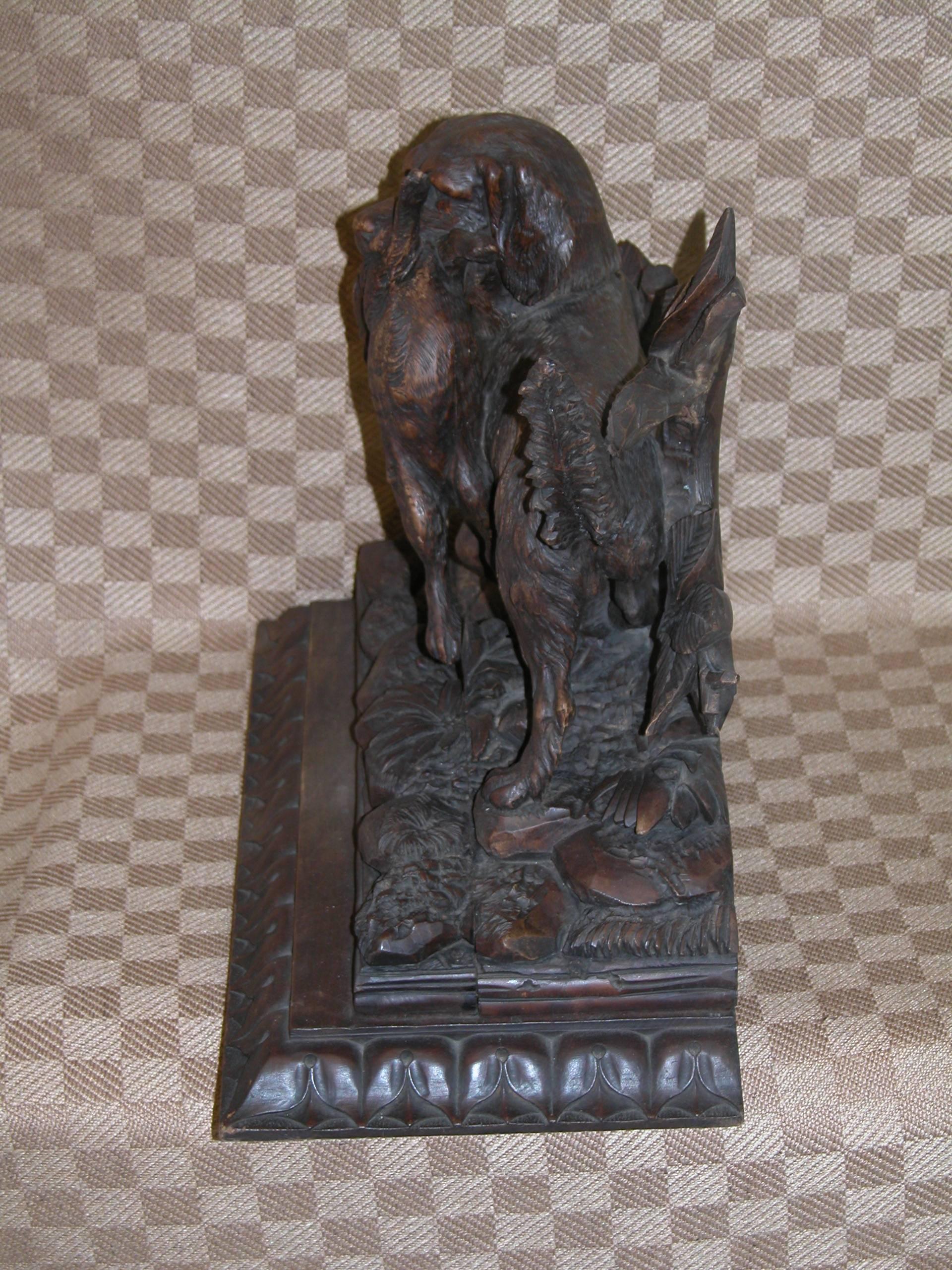 Black Forest Carving of Hunting Dog with Rabbit on Fancy Carved Base, circa 1850 In Excellent Condition In Pittsburgh, PA