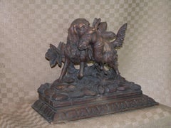 Black Forest Carving of Hunting Dog with Rabbit on Fancy Carved Base, circa 1850