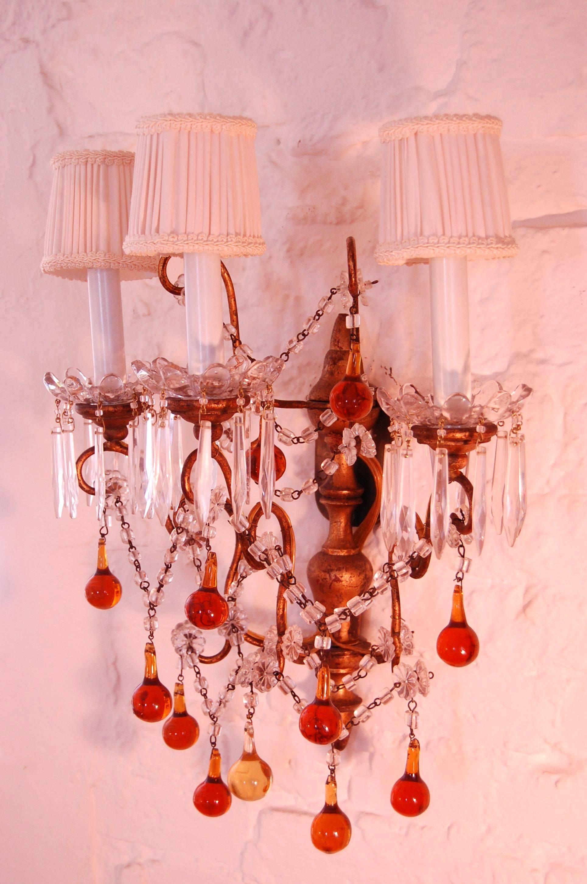 Crystal Pair of Italian Sconces with Amber and Clear Glass Beads, circa 1920