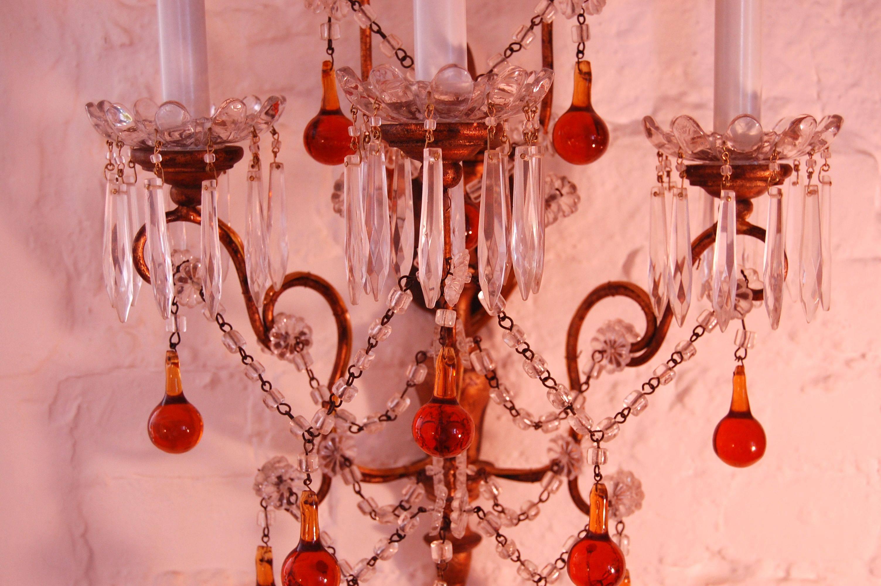 Pair of Italian Sconces with Amber and Clear Glass Beads, circa 1920 3