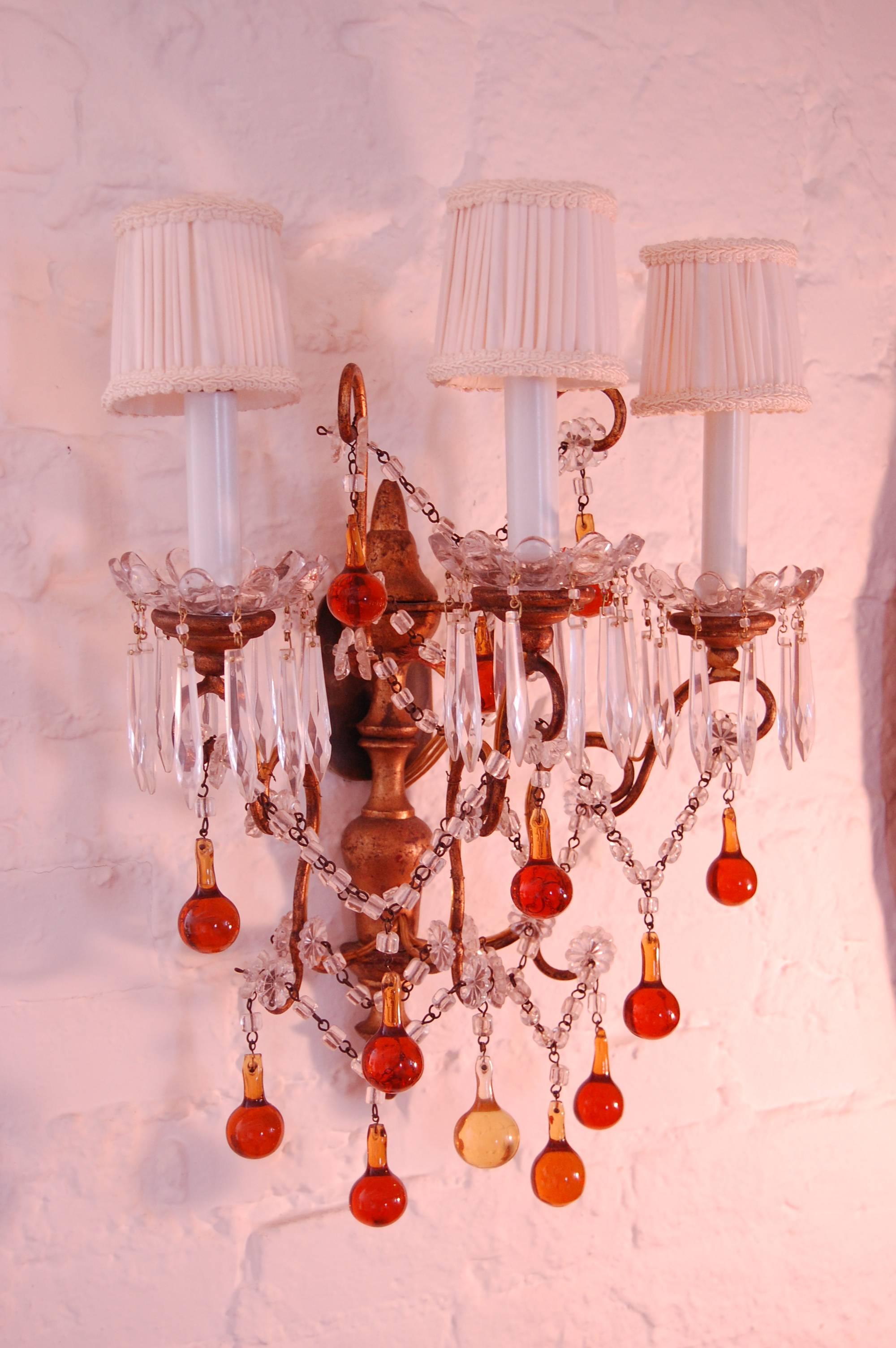 Pair of Italian Sconces with Amber and Clear Glass Beads, circa 1920 4