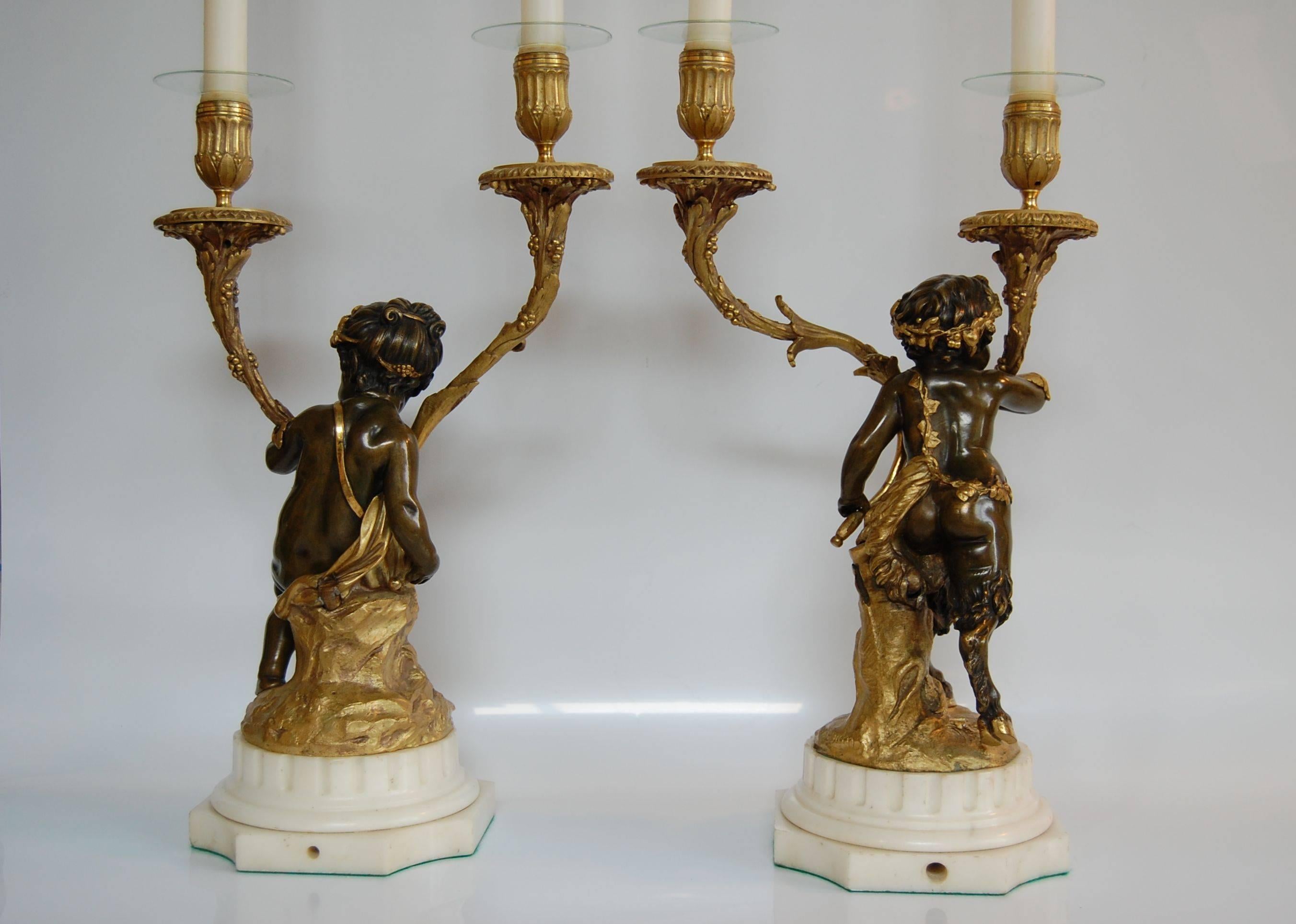 Pair of Gilt and Patinated Two-Light Candelabra, Signed 