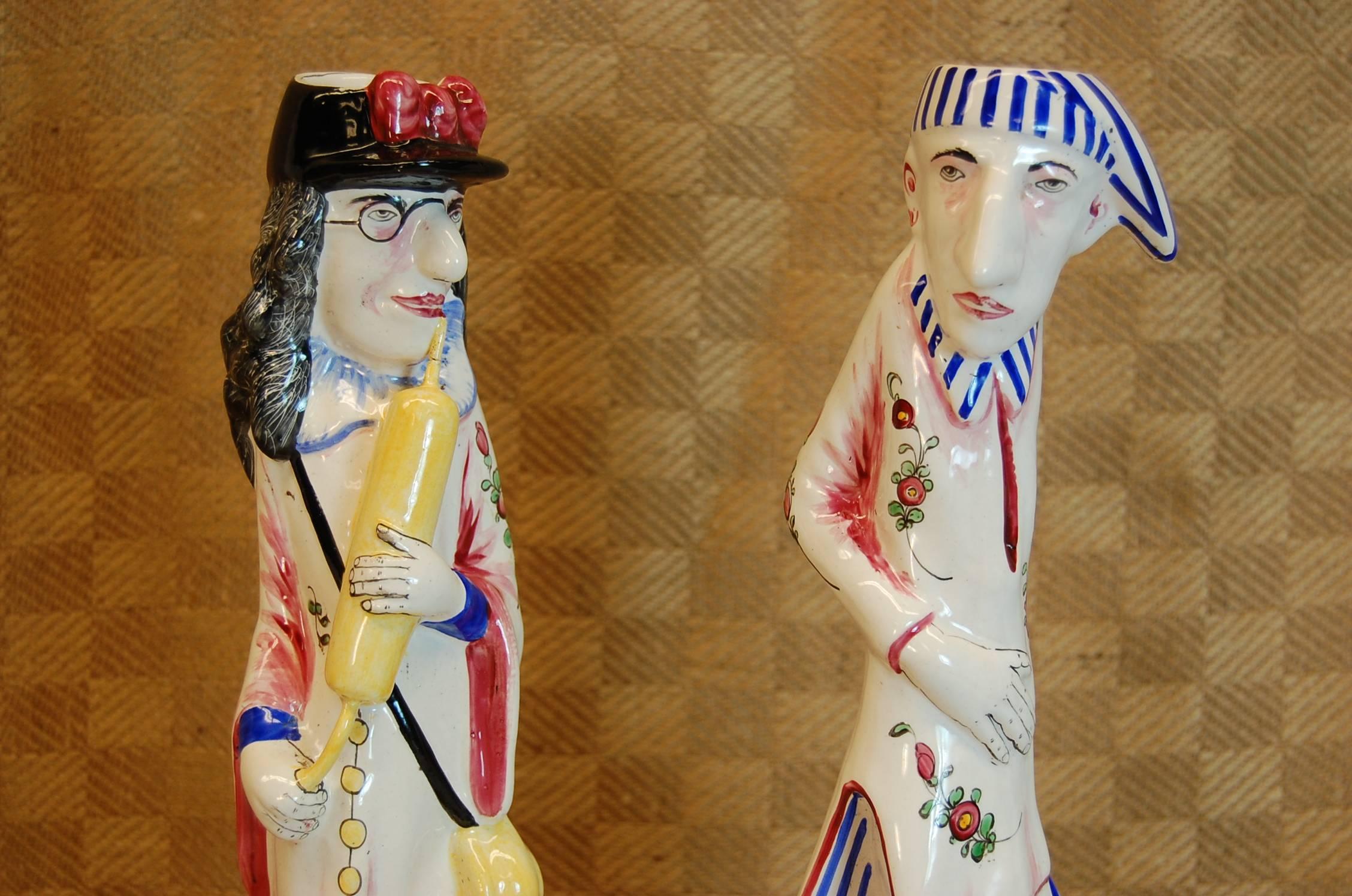 20th Century Pair of Faience Decorated Candlesticks of Doctor & Patient, Possibly Desvres For Sale