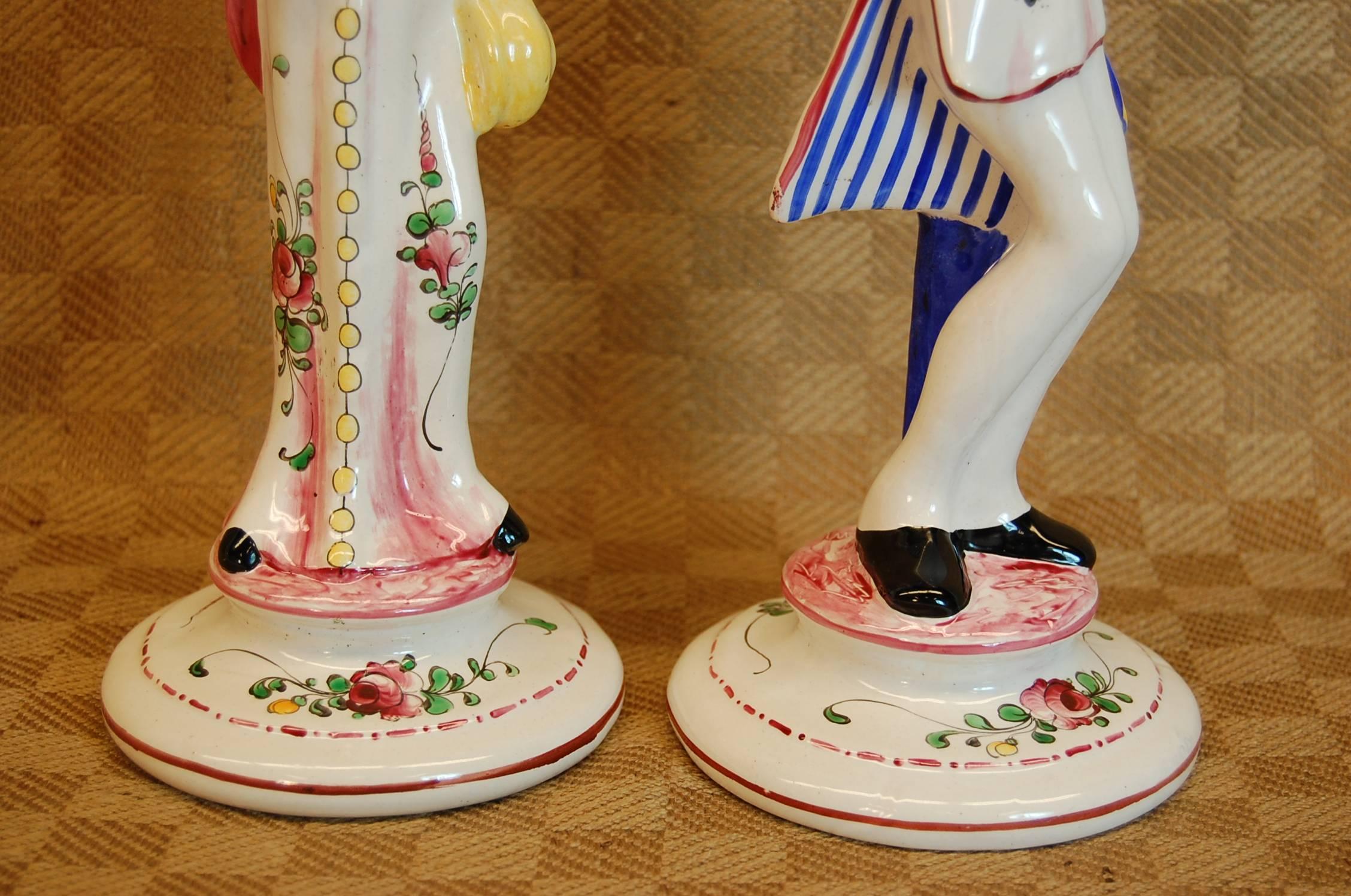 Pottery Pair of Faience Decorated Candlesticks of Doctor & Patient, Possibly Desvres For Sale