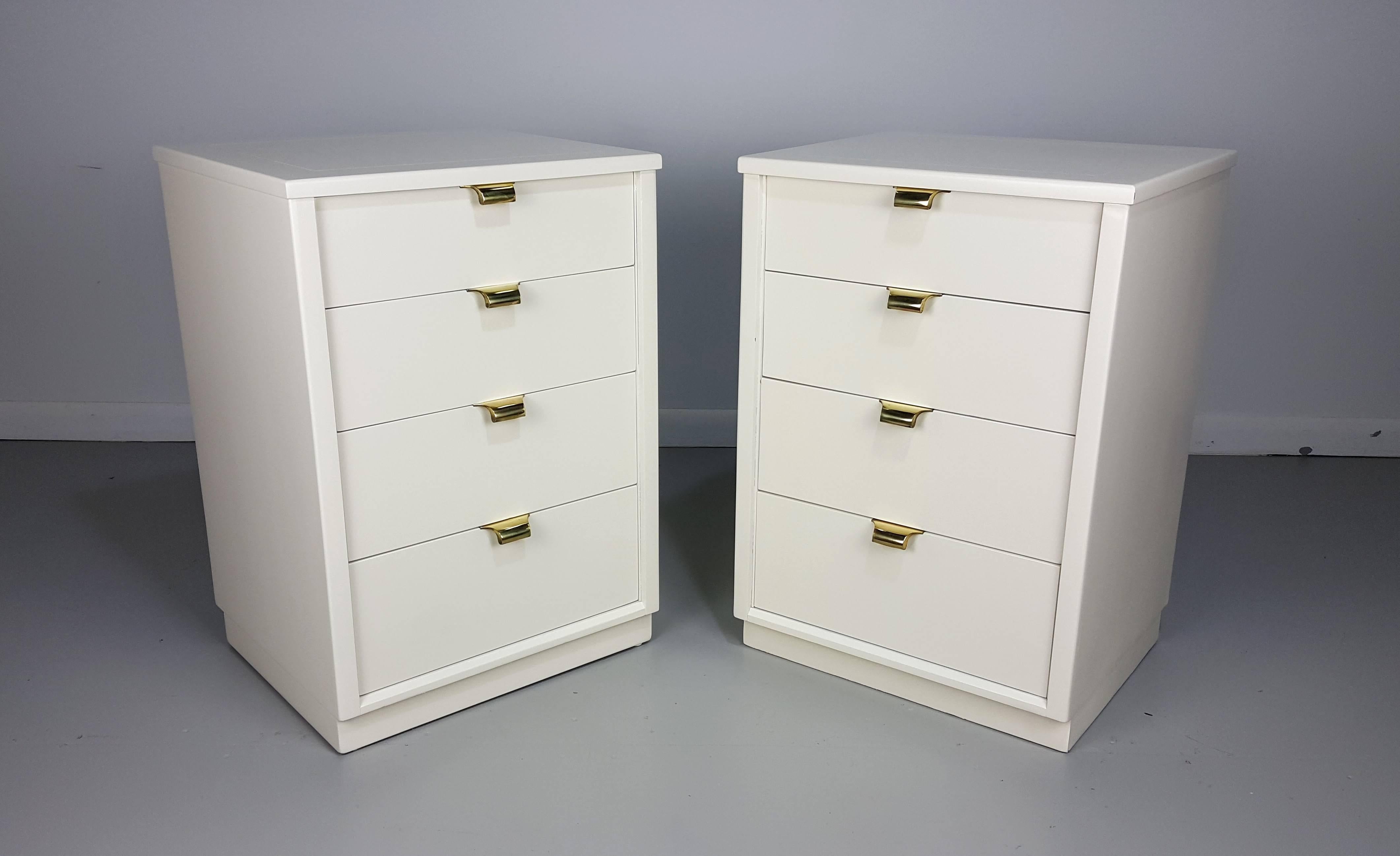 Lacquered nightstands with brass hardware by Edward Wormley, 1950s. Beautifully restored and in excellent condition. 

See this item in our private NYC showroom! Refine Limited is located in the heart of Chelsea at the history Starrett-LeHigh
