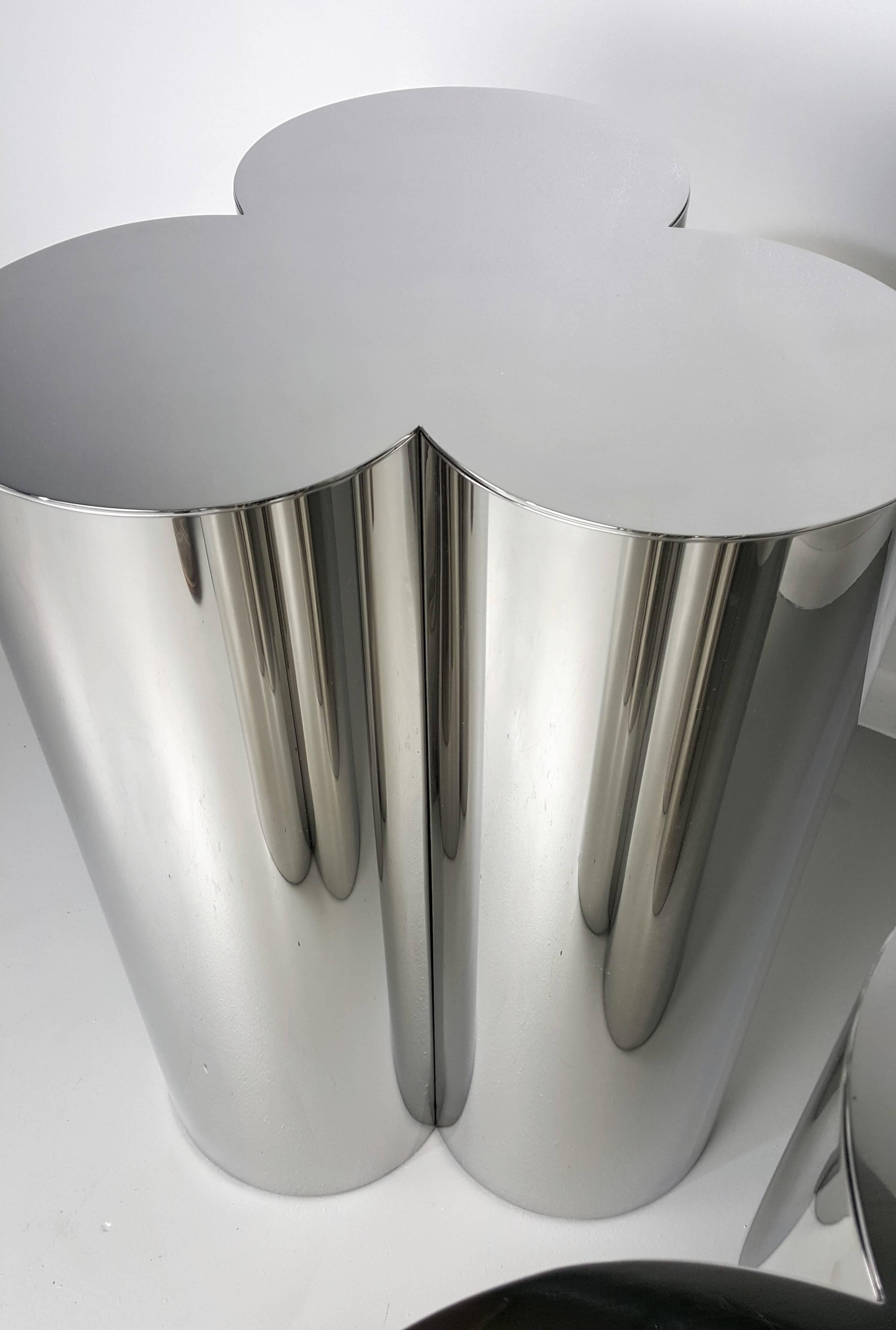 Polished Pair of Custom Trefoil Dining Table Base Pedestals in Mirror Stainless Steel