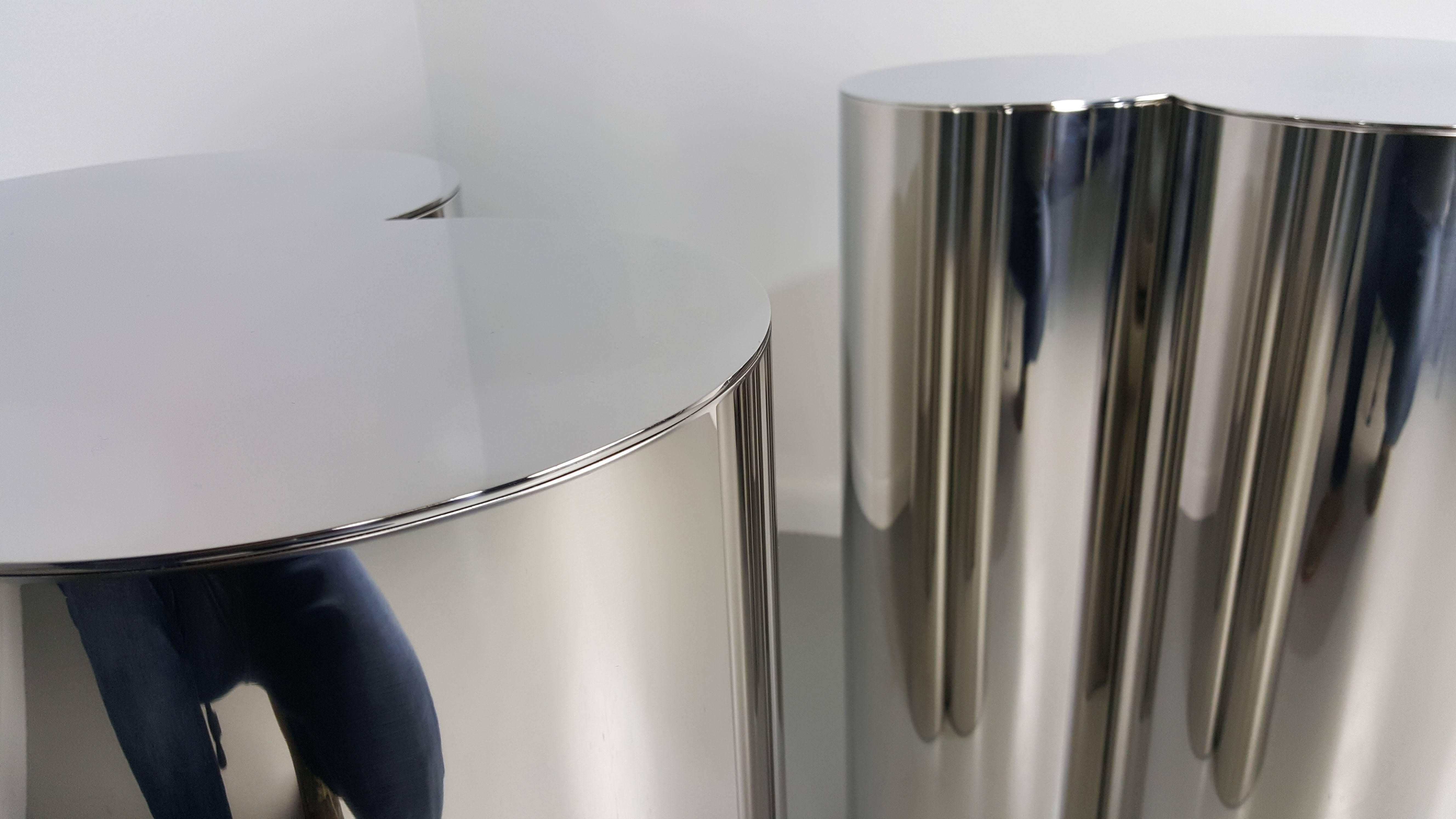 Contemporary Pair of Custom Trefoil Dining Table Base Pedestals in Mirror Stainless Steel