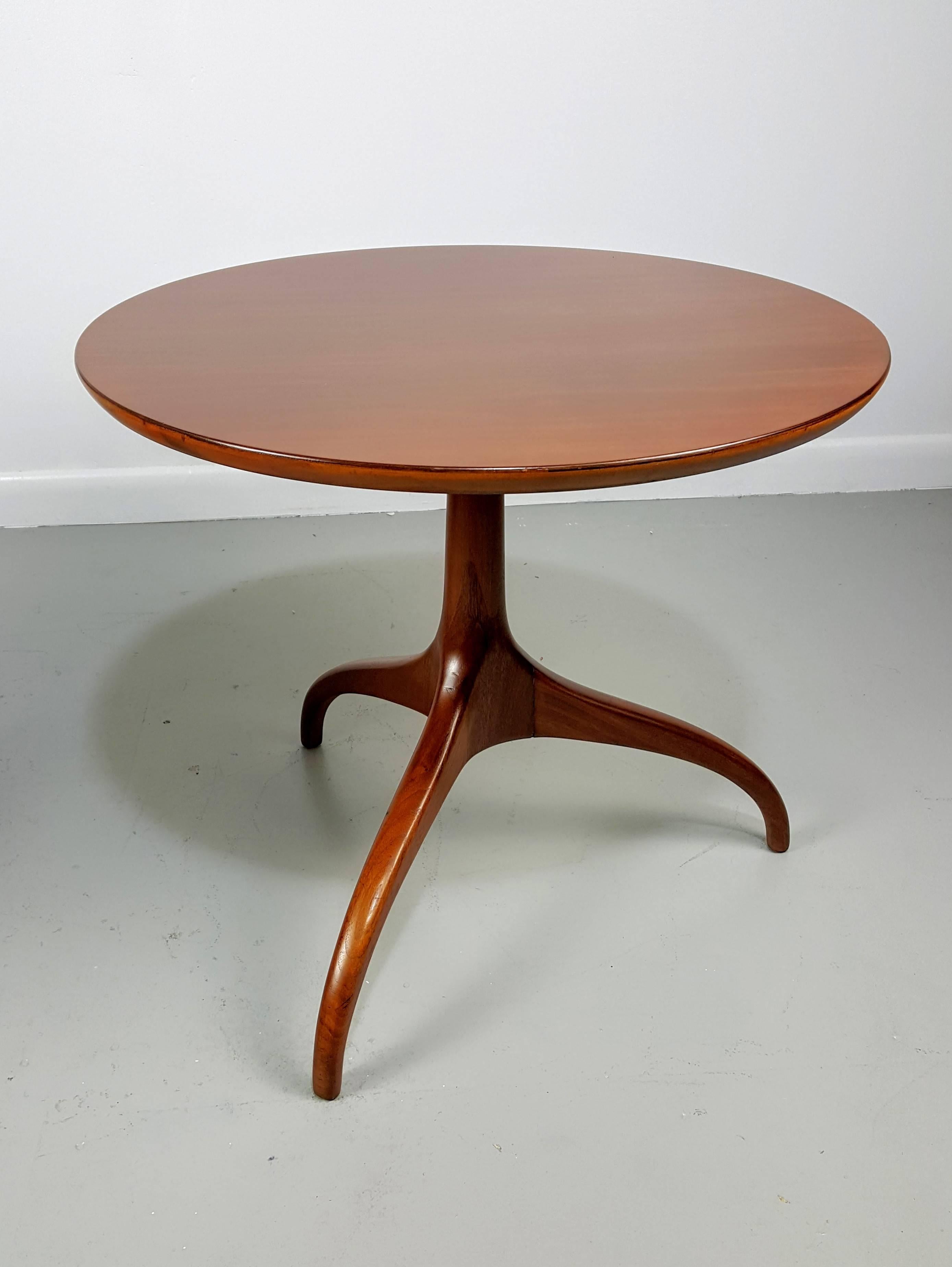 Sculptural pair of walnut side tables with wishbone base by Heritage Henredon, circa 1960. The design is absolutely stunning. Scale and quality of give these tables a commanding presence in any room. Fully restored and in excellent condition. Top is