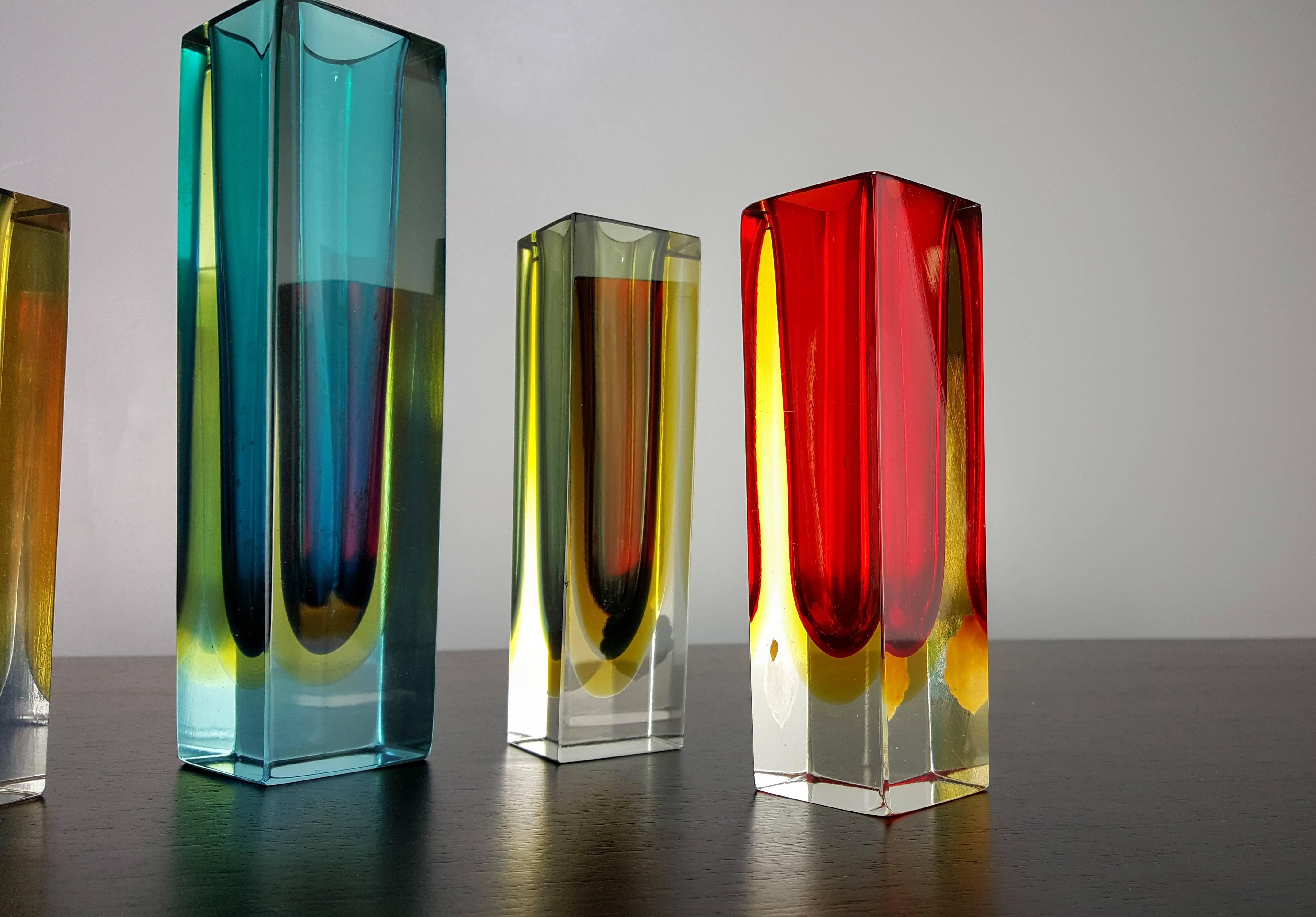 Grouping of colorful sommerso Murano vases, Italy, 1970s. 

See this item in our private NYC showroom! Refine Limited is located in the heart of Chelsea at the history Starrett-LeHigh Building, 601 West 26th Street, Suite M258. Please call us to