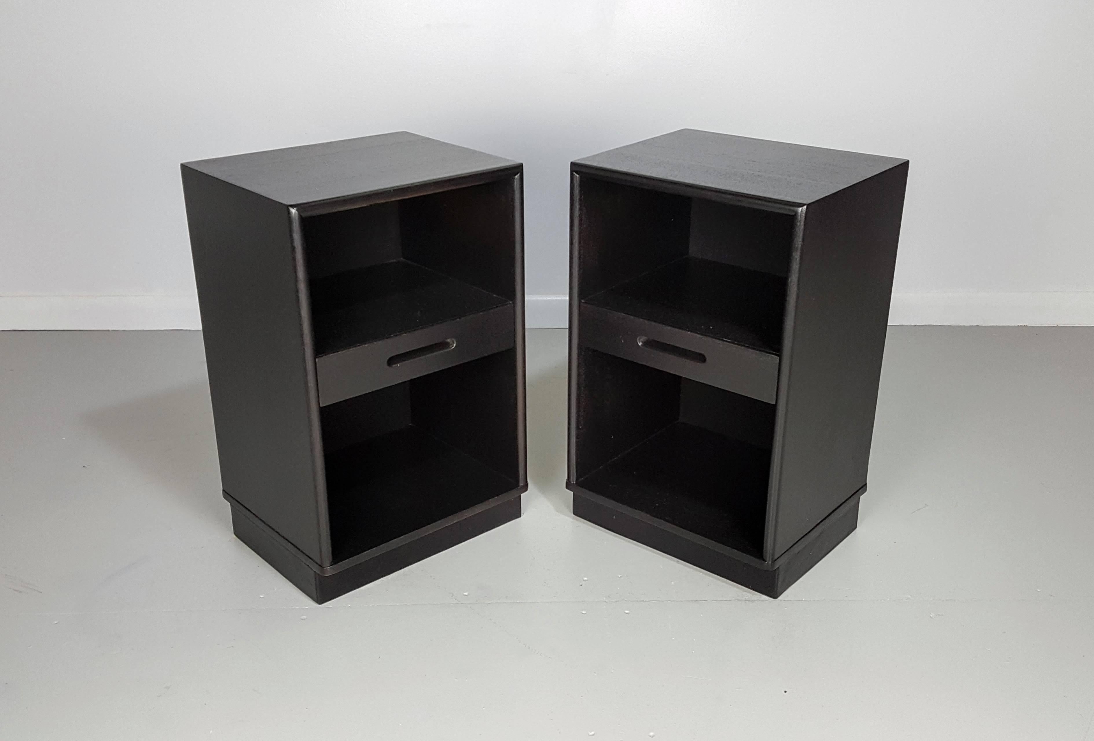 American Handsome Ebonized Nightstands with Leather Plinth Bases by Edward Wormley, 1950s