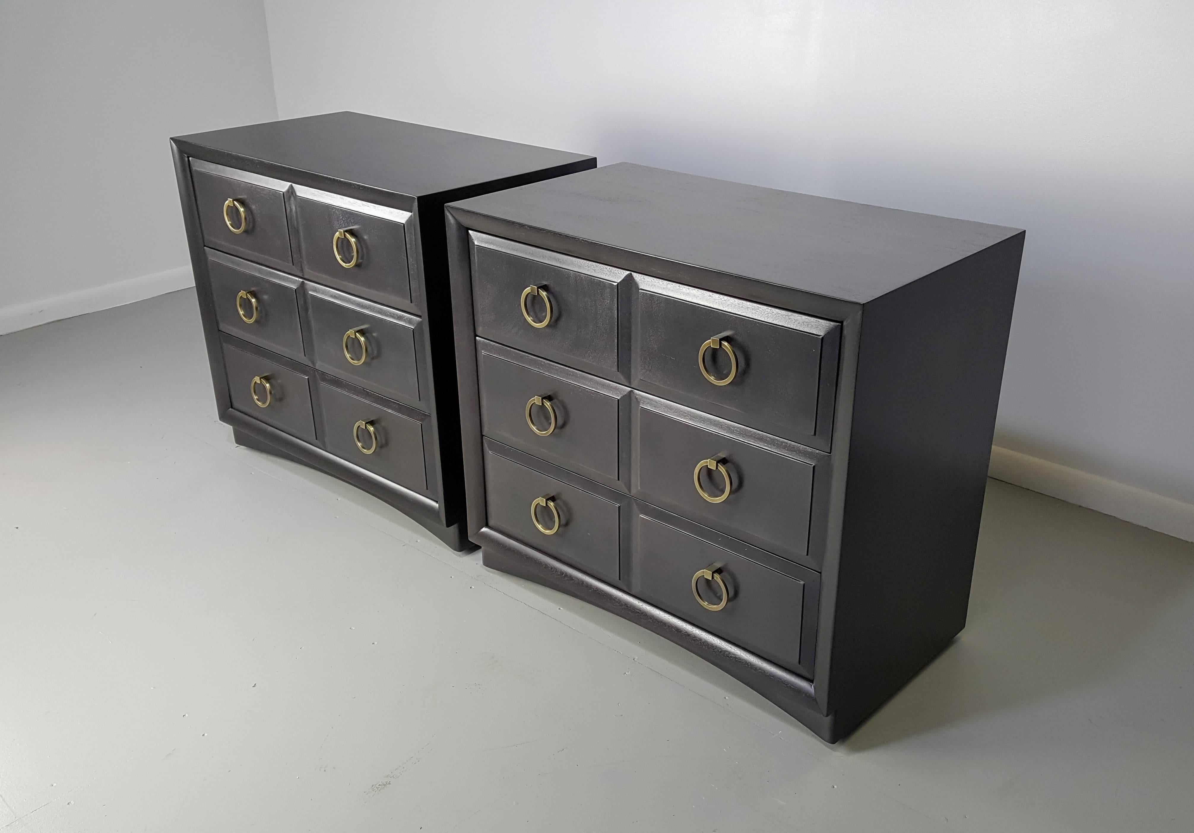 Pair of chests by T.H. Robsjohn-GIbbings in a custom charcoal finish, 1950s. 

We offer free regular deliveries to NYC and Philadelphia area. Delivery to DC, MD, CT and MA are available if schedule permits, please message for a location-based
