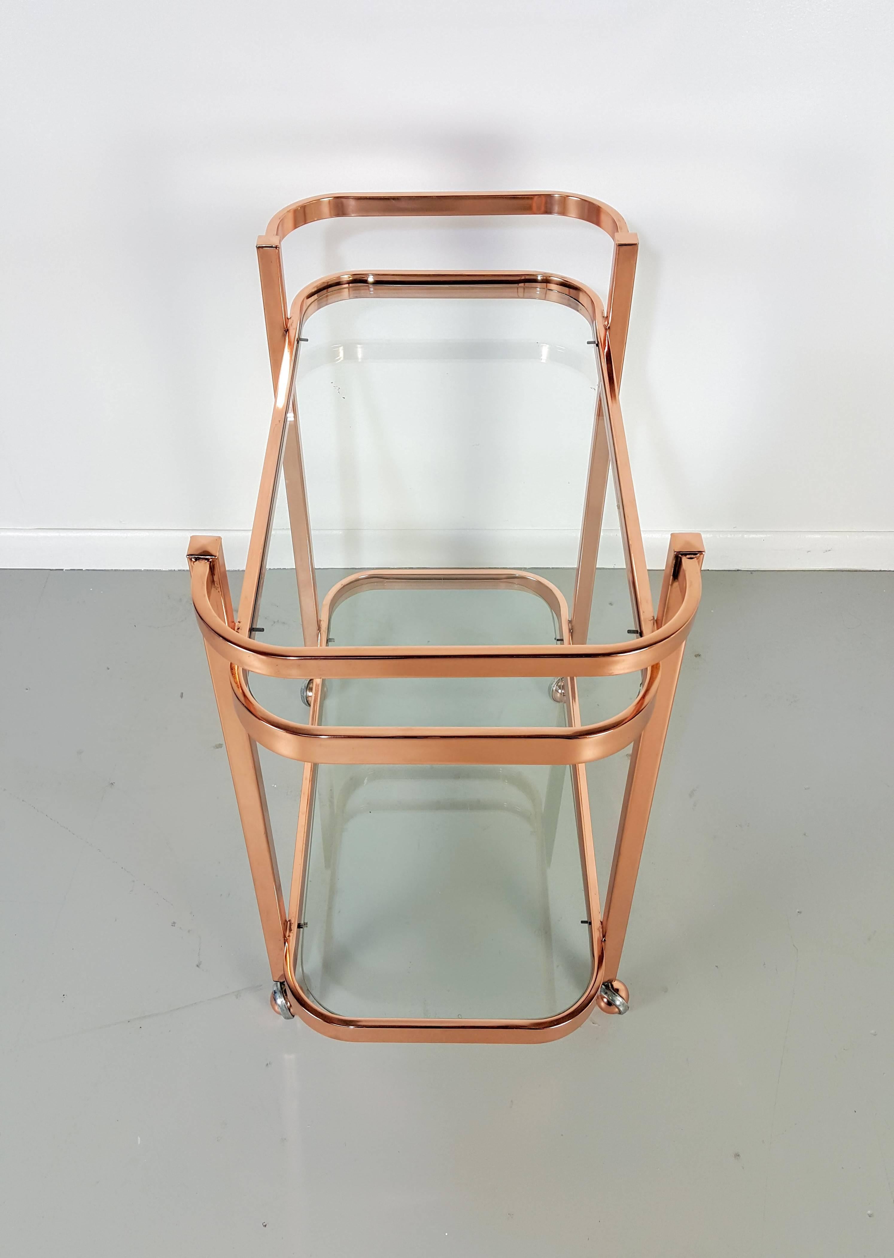 Hollywood Regency Stunning Bar Cart by Milo Baughman in Rose Gold Copper, 1970s
