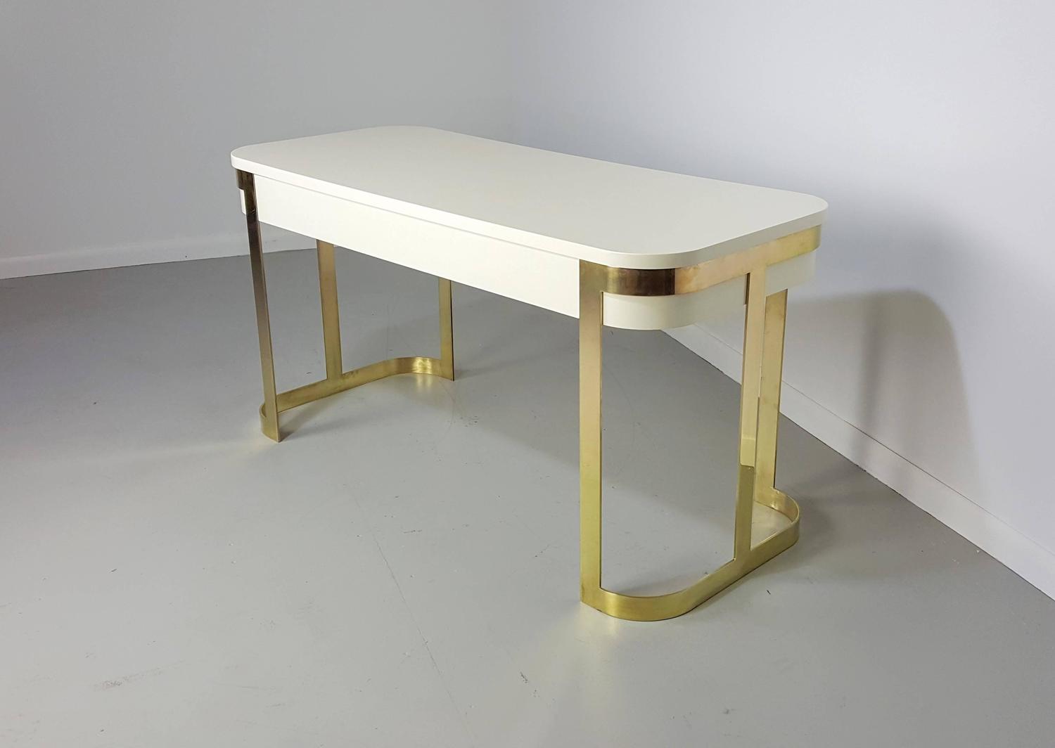 Excellent White Lacquer and Brass Writing Desk after Milo Baughman ...