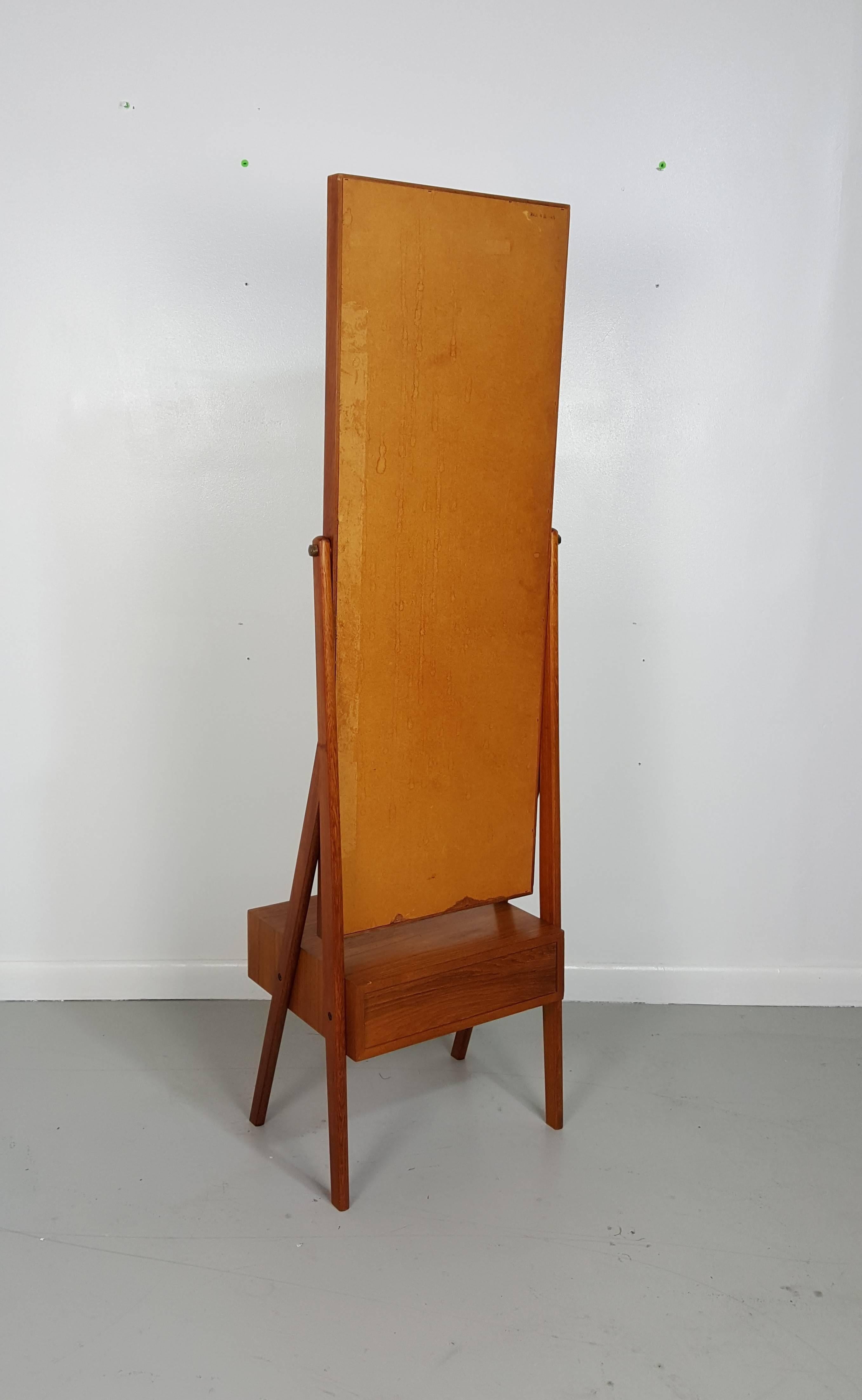 Teak Cheval Floor Mirror with Floating Drawer by Arne Vodder, Denmark 1950s 1